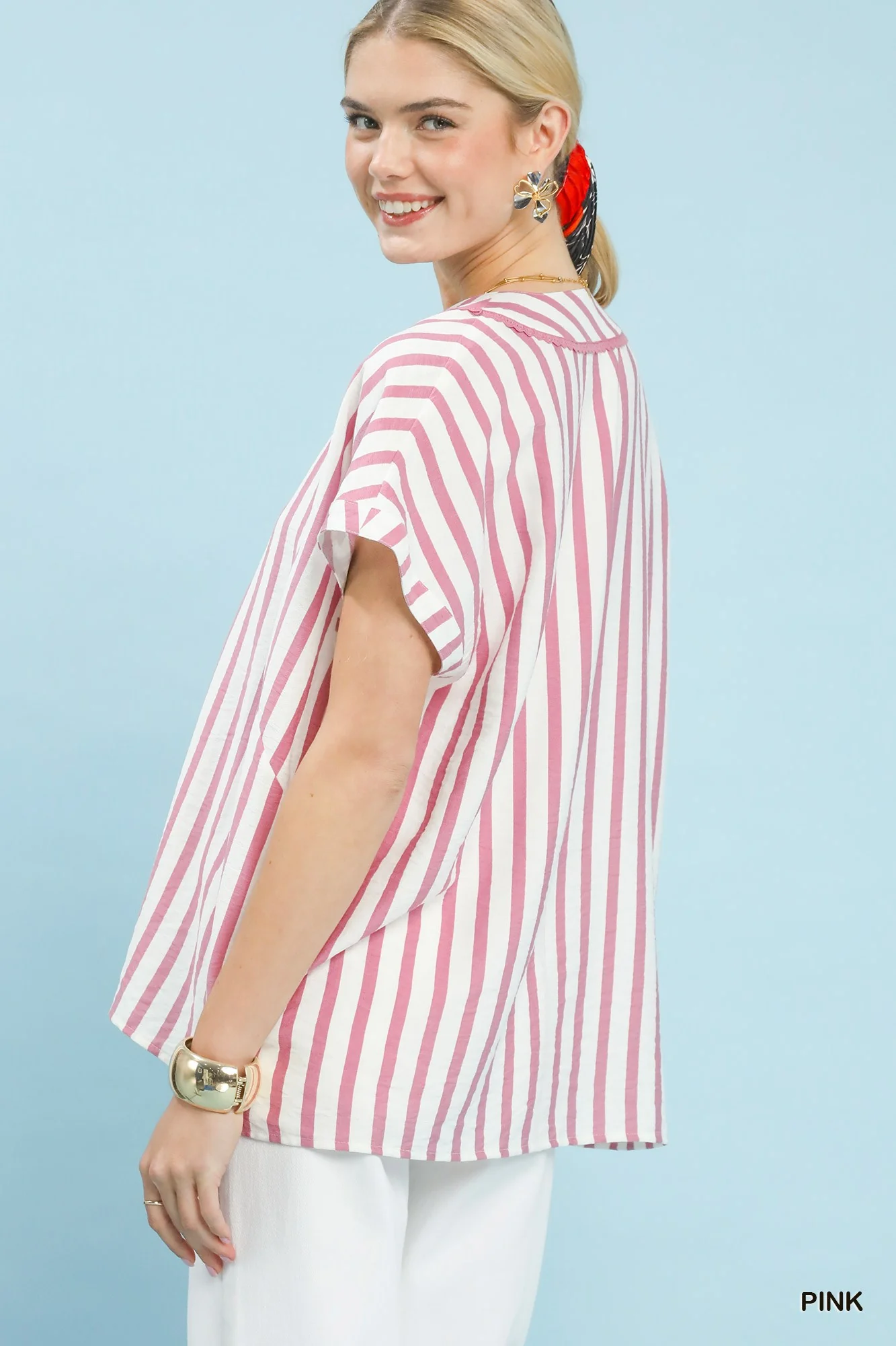 Umgee Mixed Stripe Split Neck Oversized Blouse - Image 3