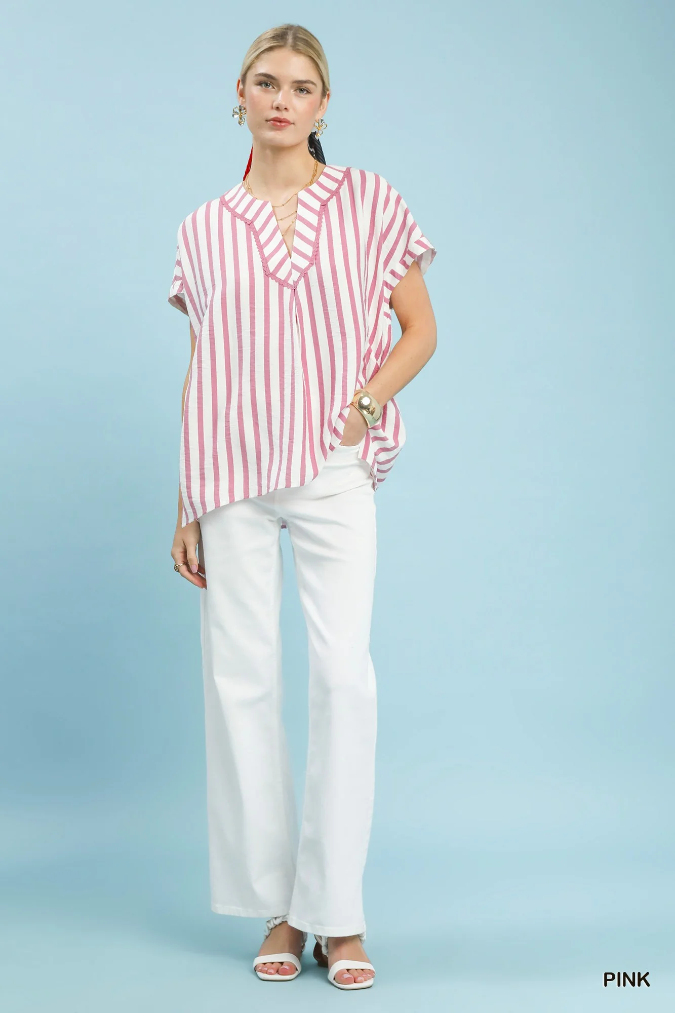 Umgee Mixed Stripe Split Neck Oversized Blouse - Image 4