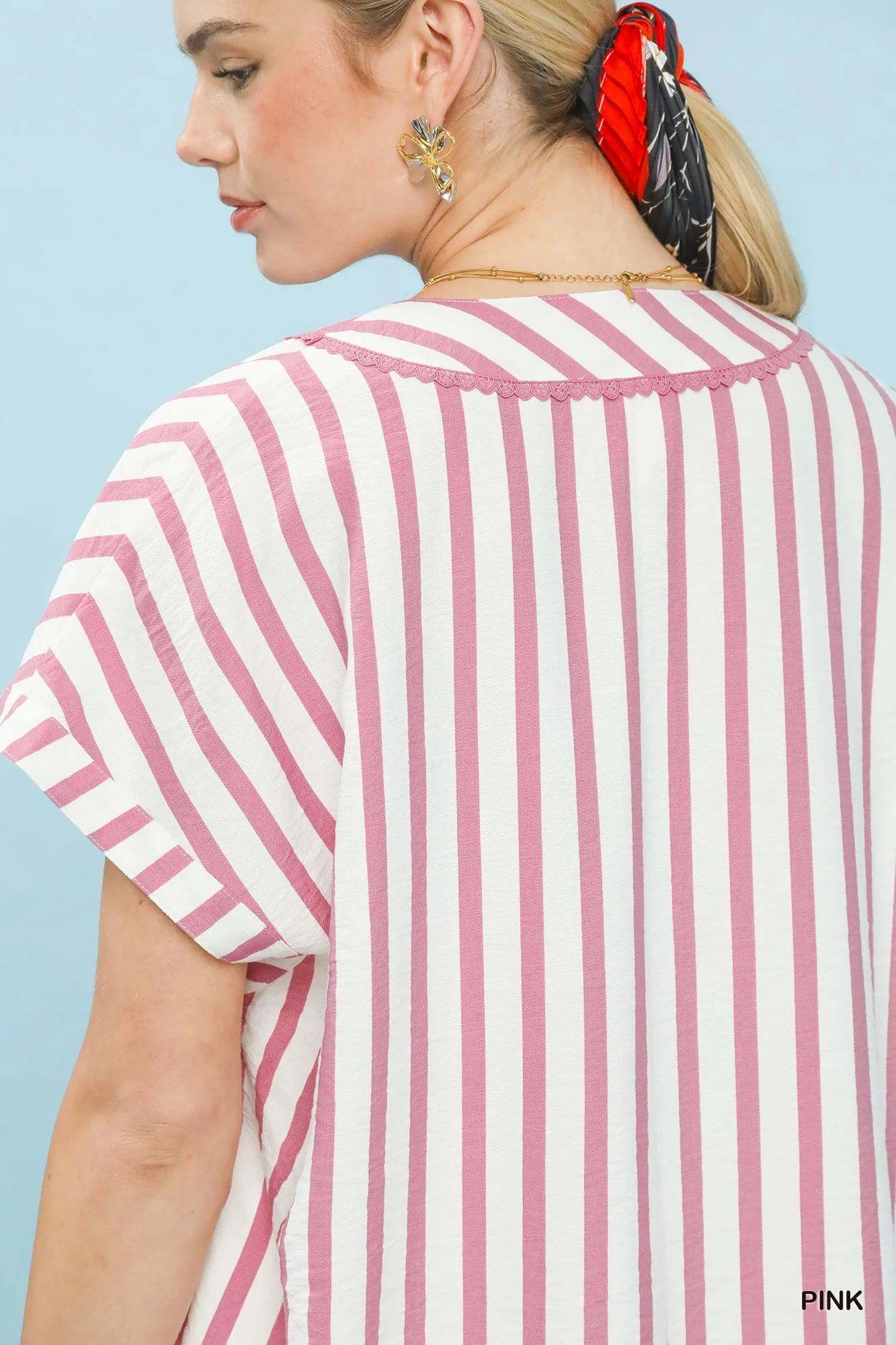 Umgee Mixed Stripe Split Neck Oversized Blouse - Image 5