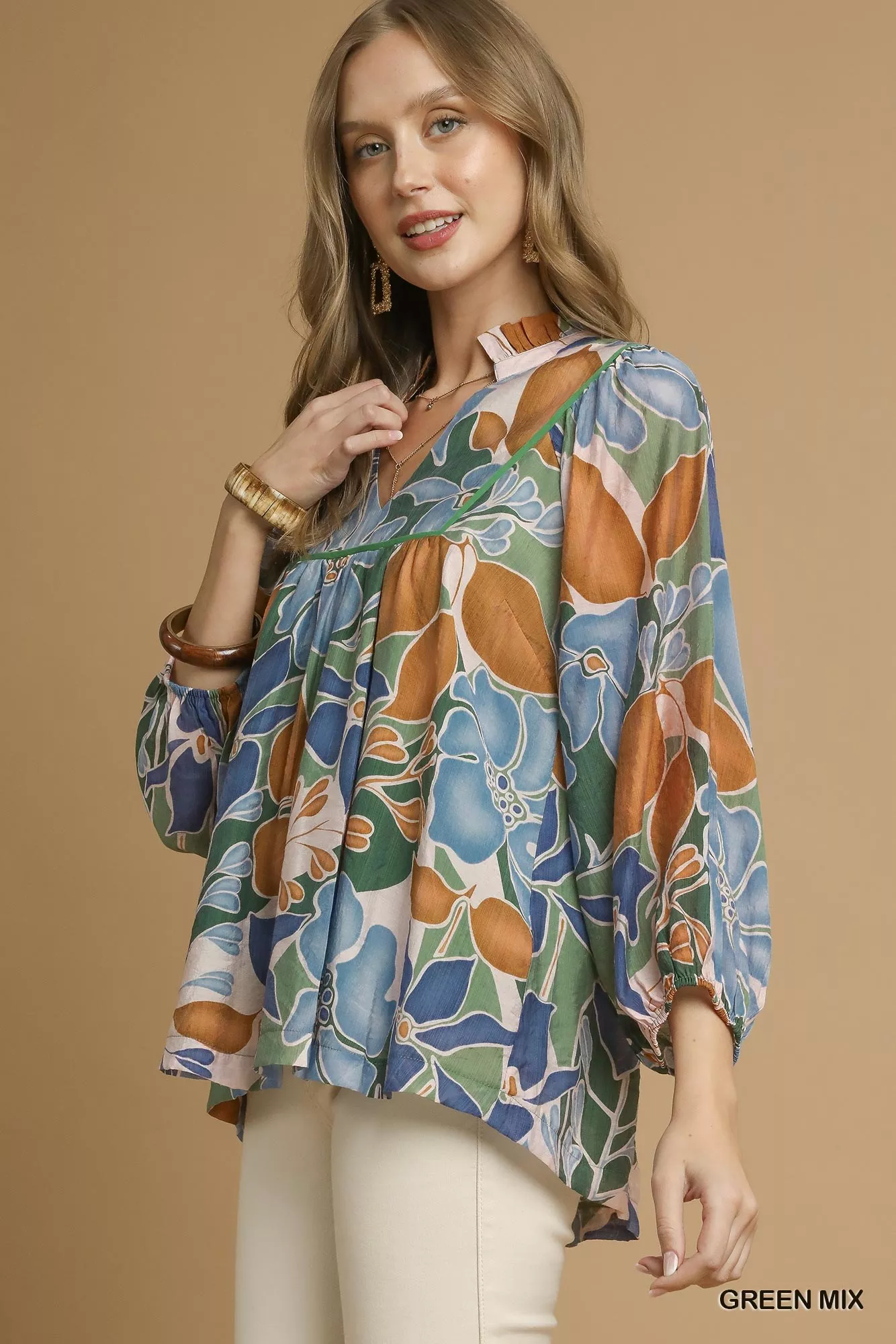 Umgee Multicolor Abstract Floral Print Blouse with Ruffle Neck - Image 2