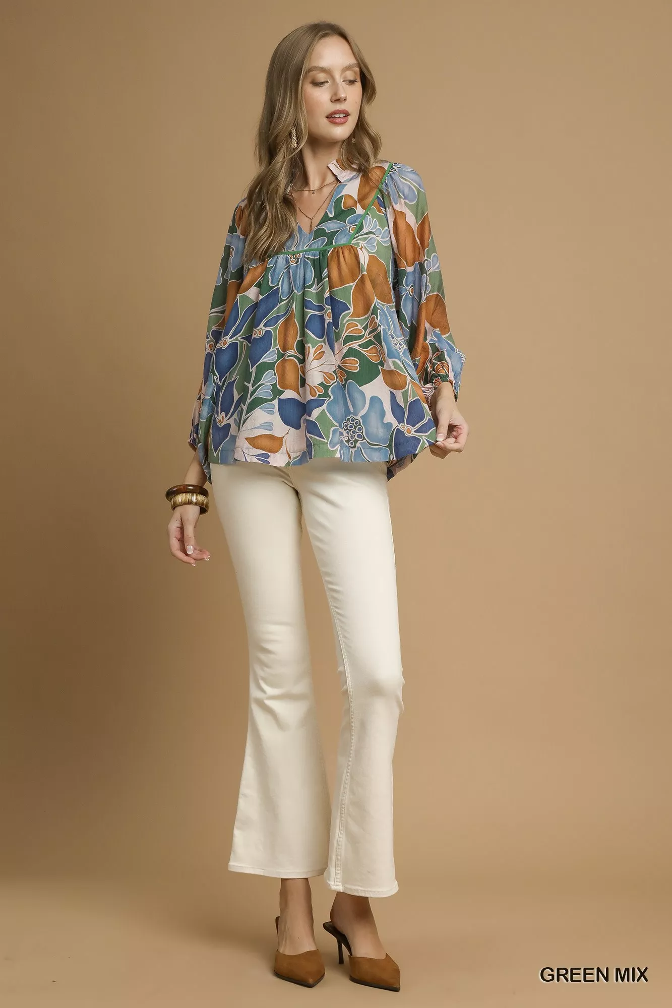 Umgee Multicolor Abstract Floral Print Blouse with Ruffle Neck - Image 4