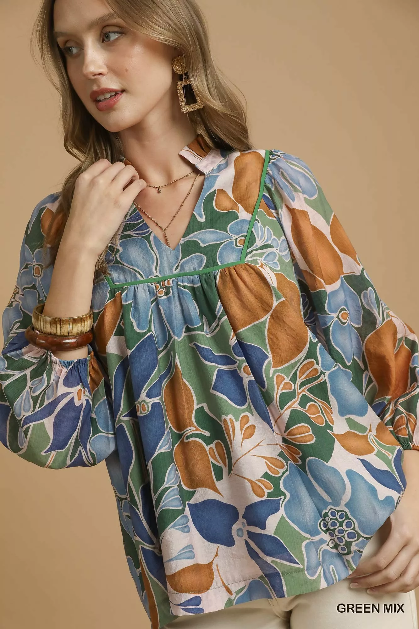 Umgee Multicolor Abstract Floral Print Blouse with Ruffle Neck - Image 5