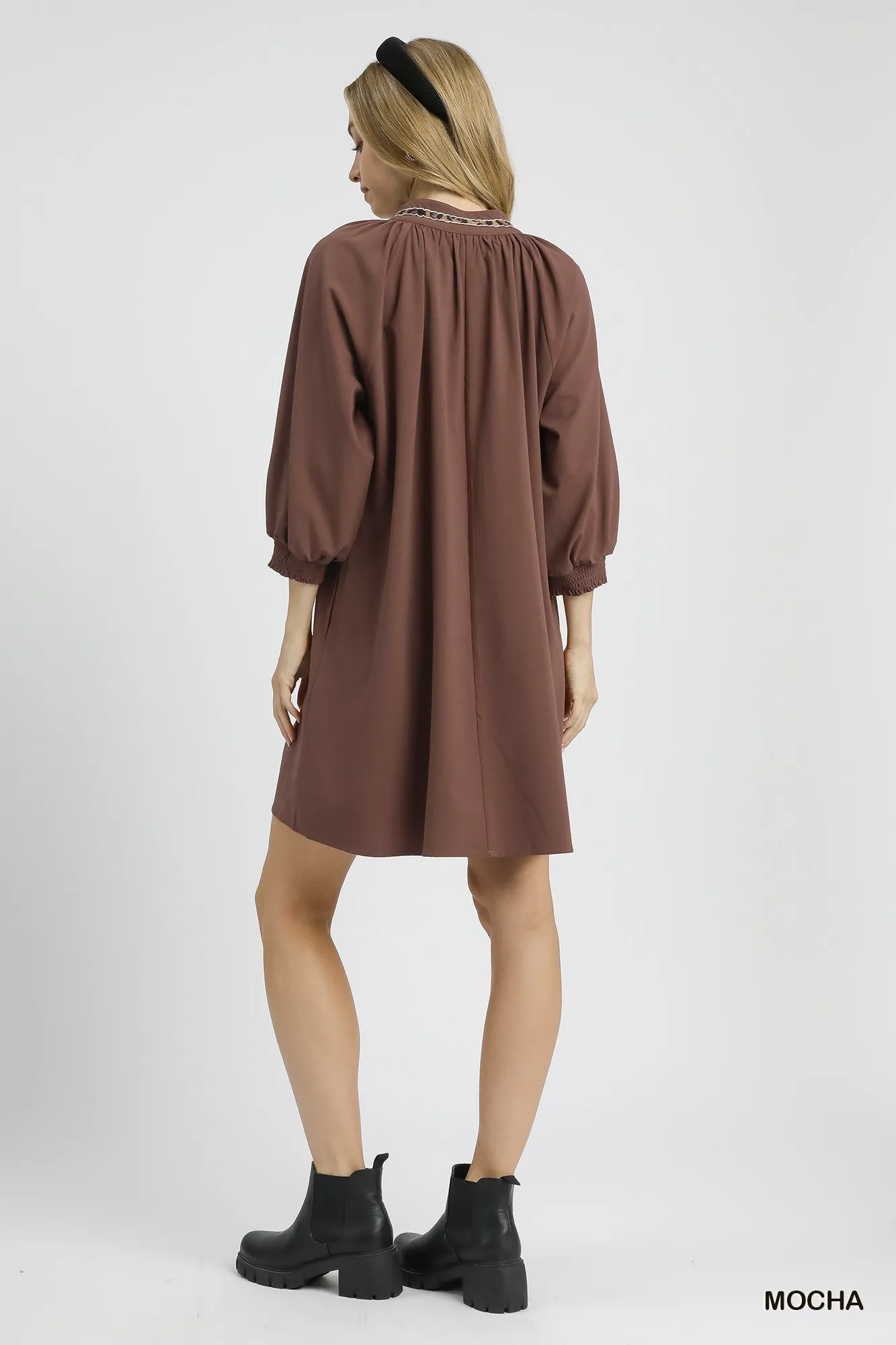 Umgee Notched Shift Dress with Trim Detail - Image 4