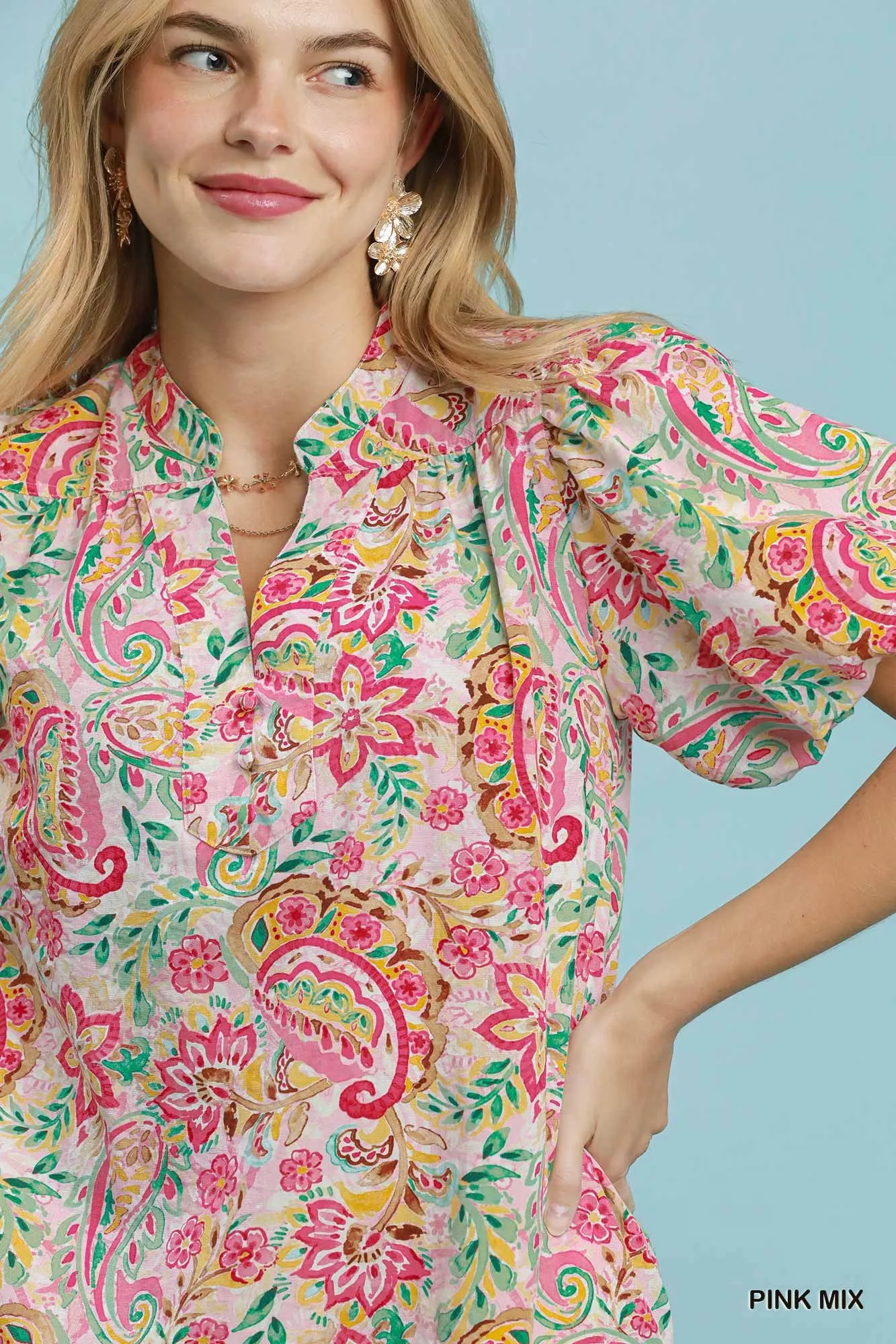 Umgee Paisley Floral Puff Sleeve Shift Dress - Image 5
