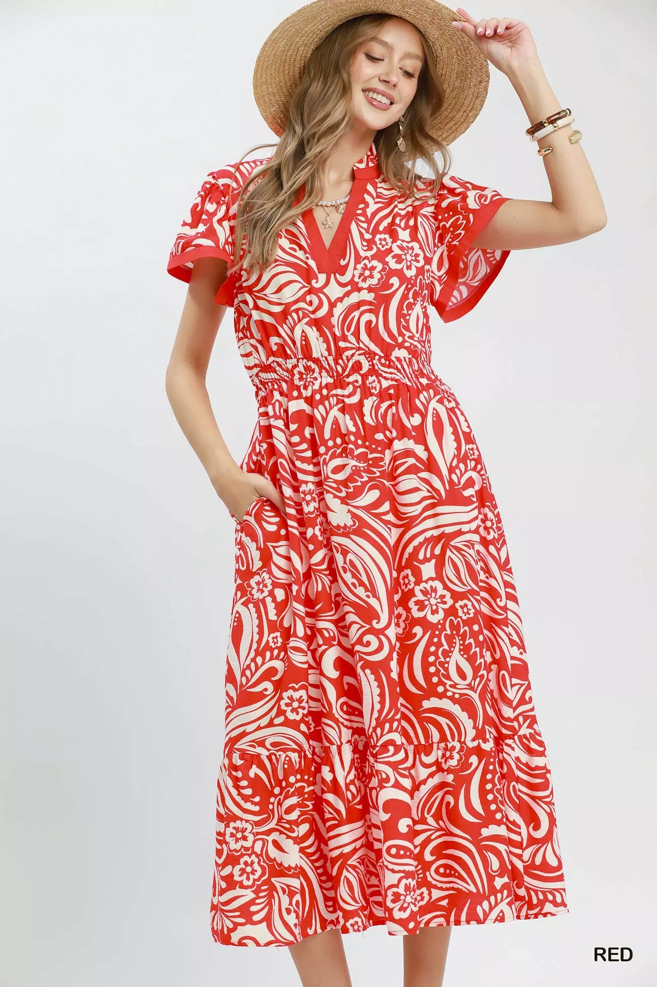 Umgee Paisley Print Midi Dress with Side Pockets
