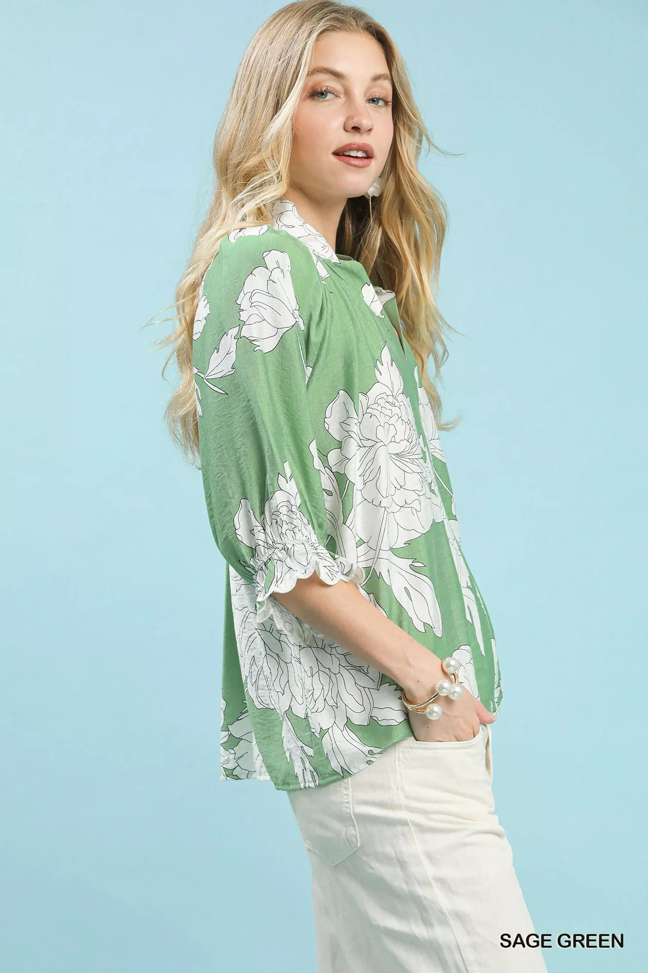 Umgee Peony Illustration Print Flounce Sleeve Blouse - Image 2