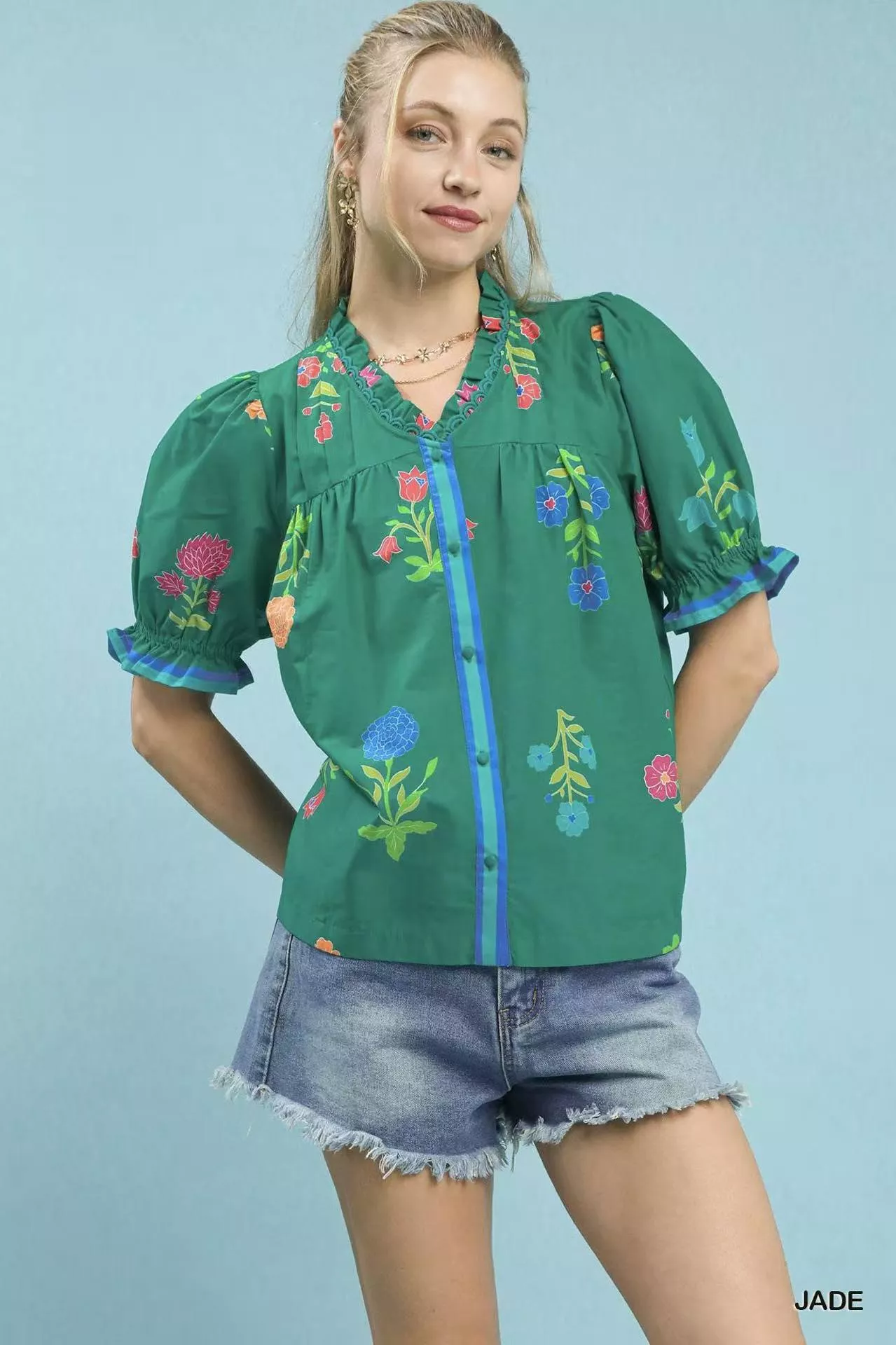 Umgee Petal Parade Print Button-Down Blouse