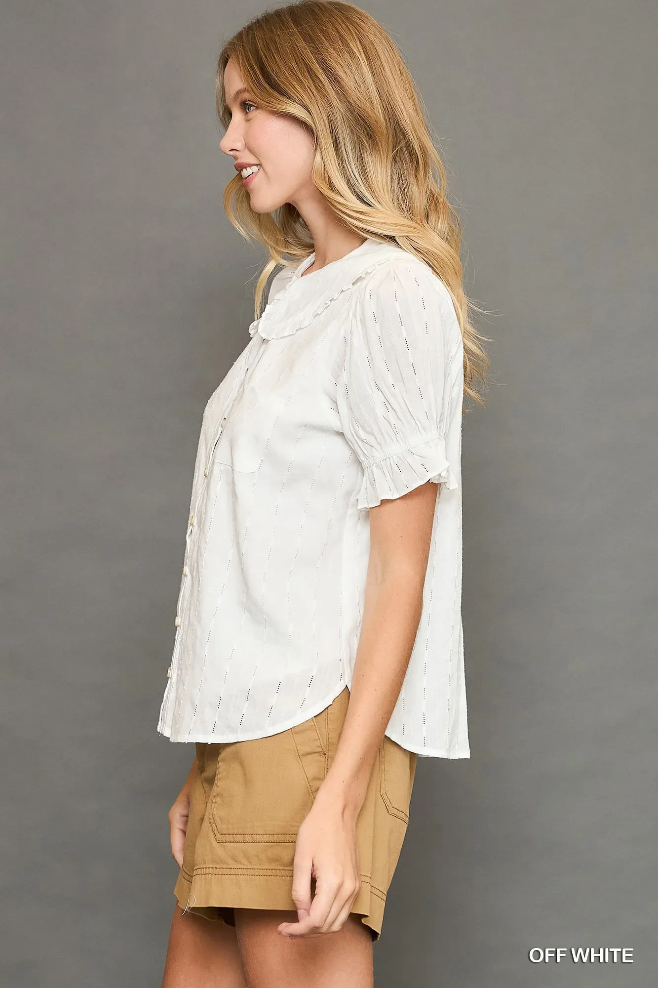 Umgee Peter Pan Collared Button Down Textured Shirt with Ruffled Detail - Image 2