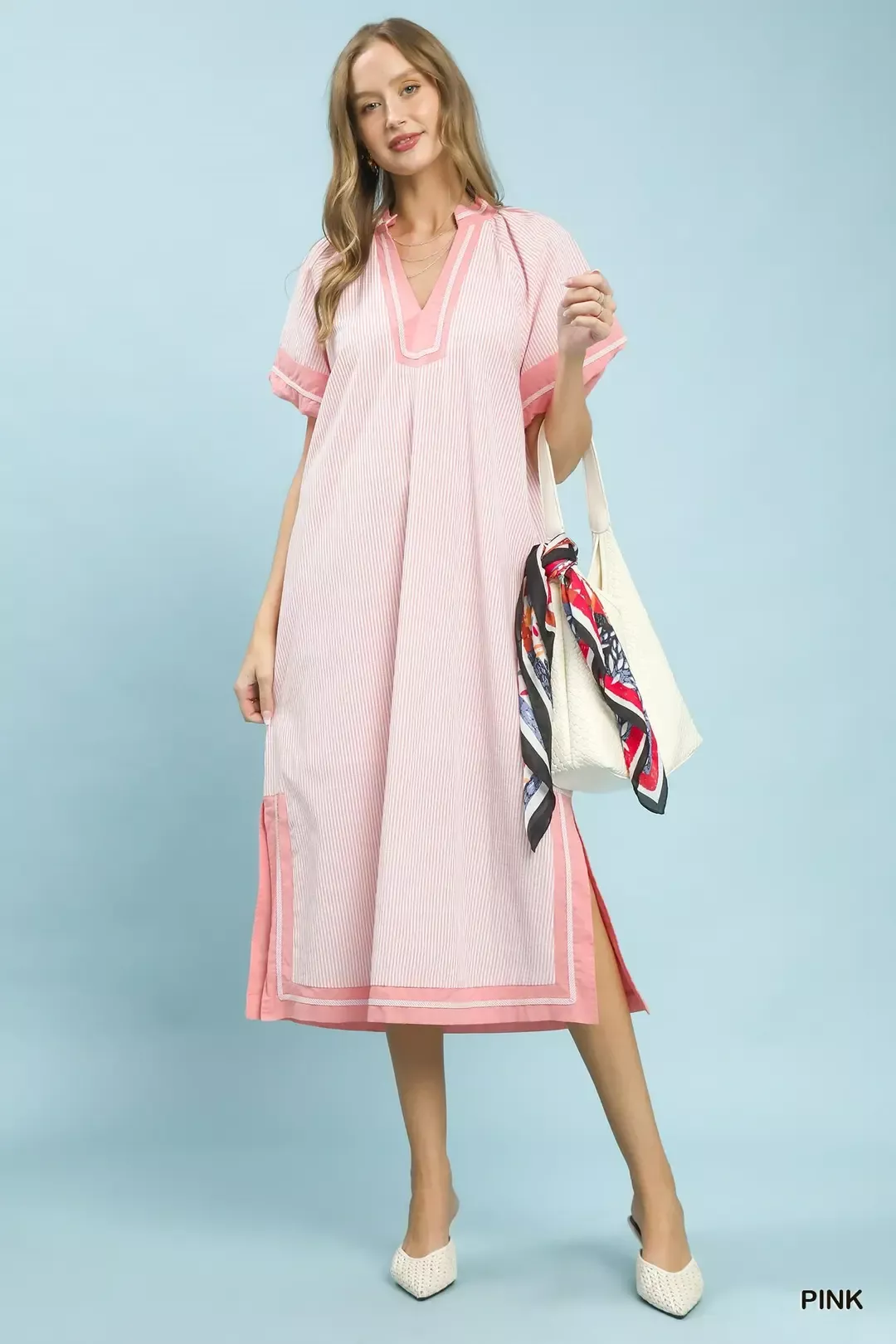 Umgee Pinstripe Contrast Trim Midi Dress - Image 5