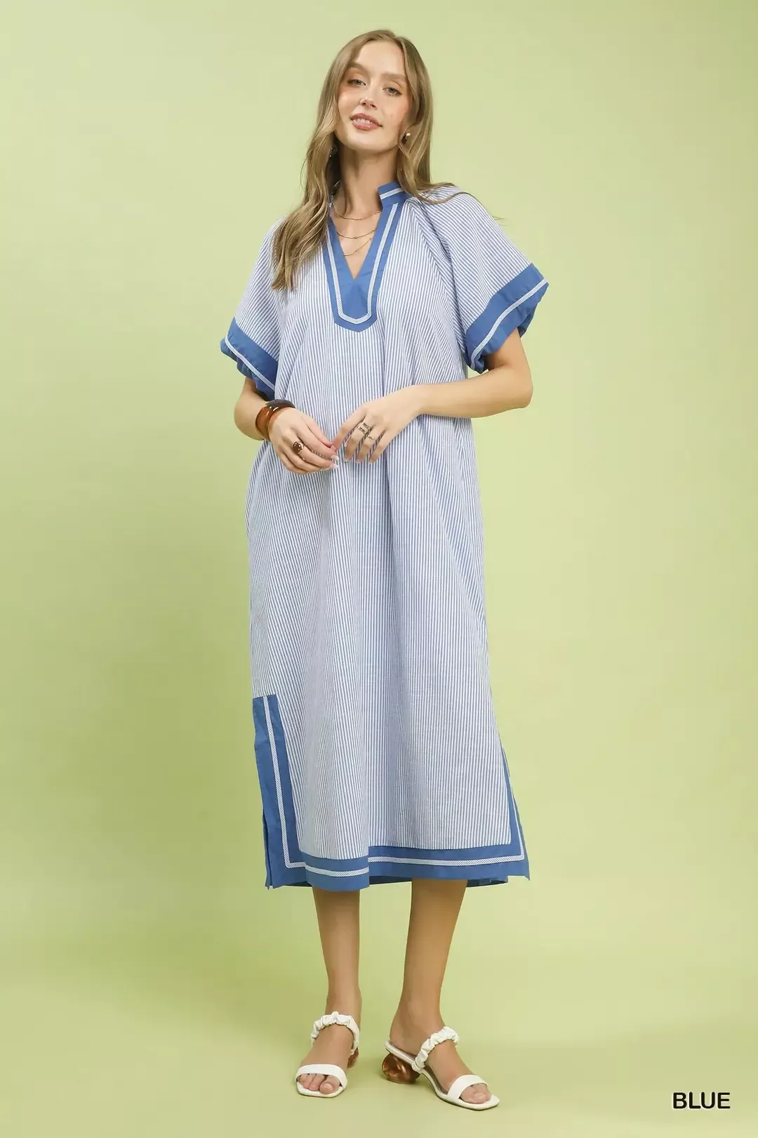 Umgee Pinstripe Contrast Trim Midi Dress - Image 5