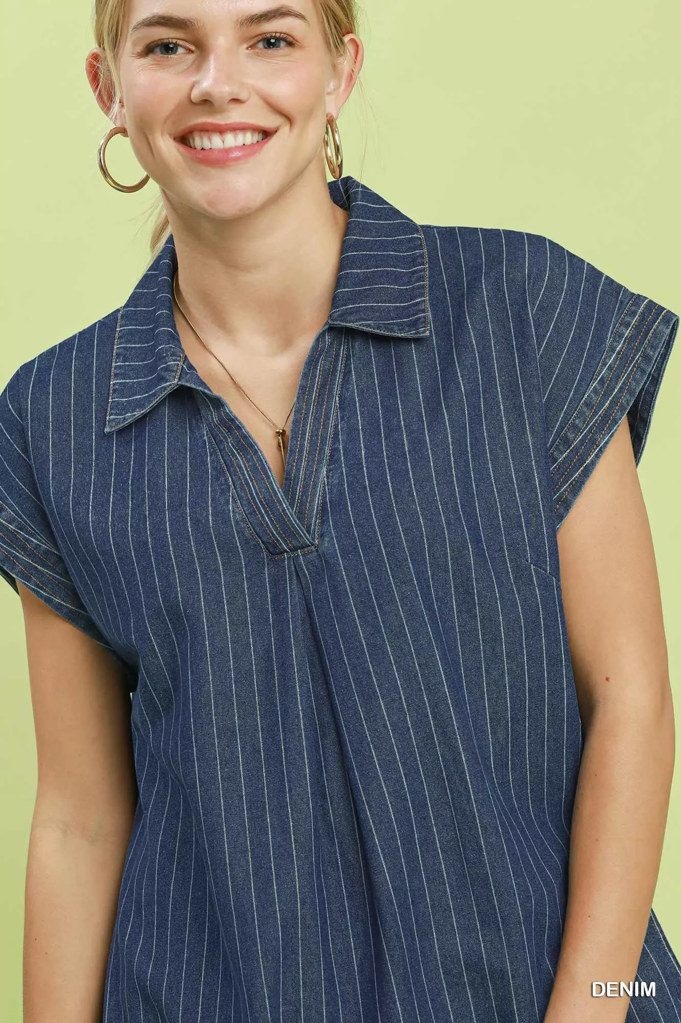 Umgee Pinstripe Denim Collared Midi Dress with Side Slits - Image 5