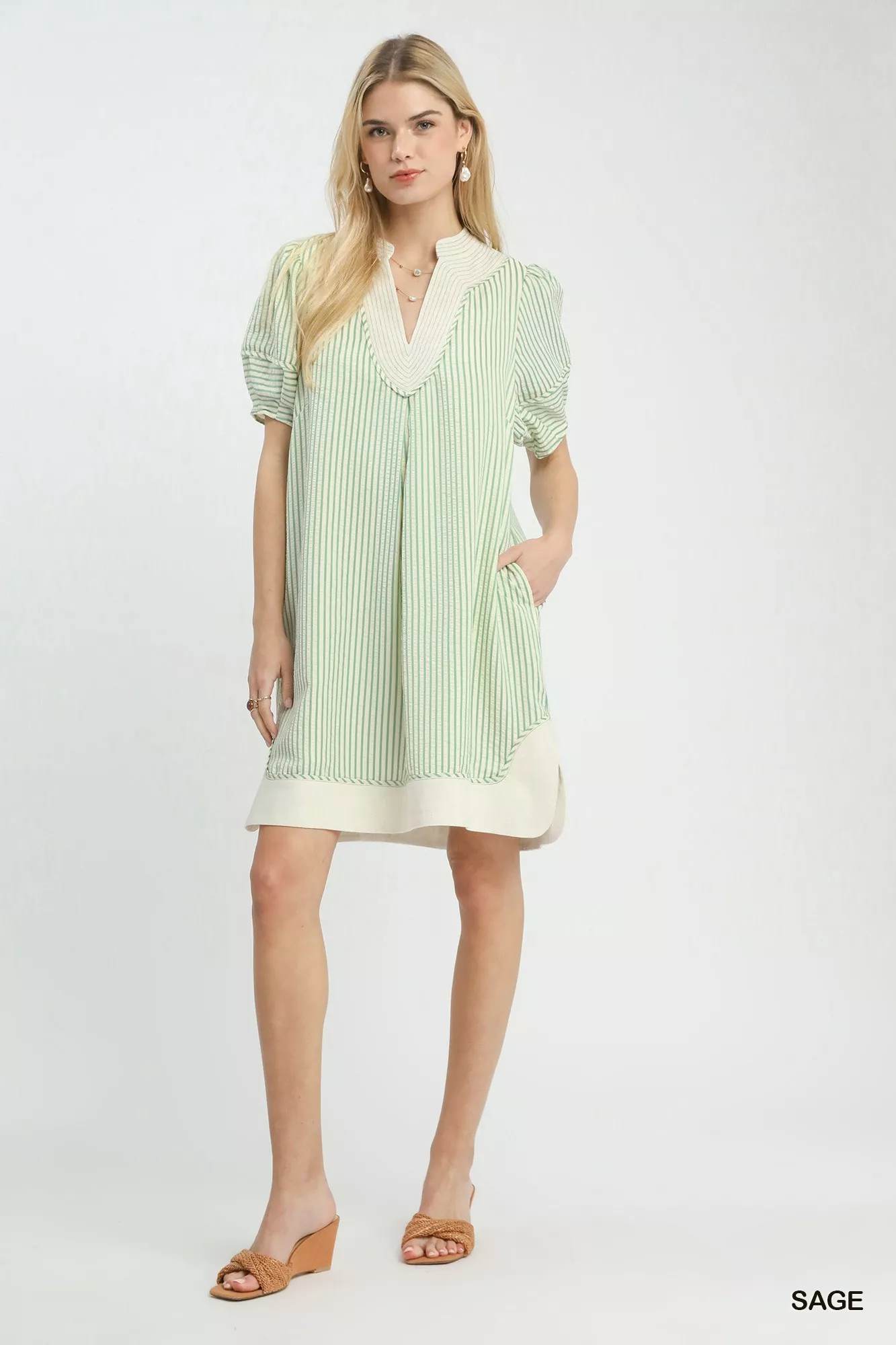 Umgee Pinstripe Shift Dress with Contrast Trim - Image 5
