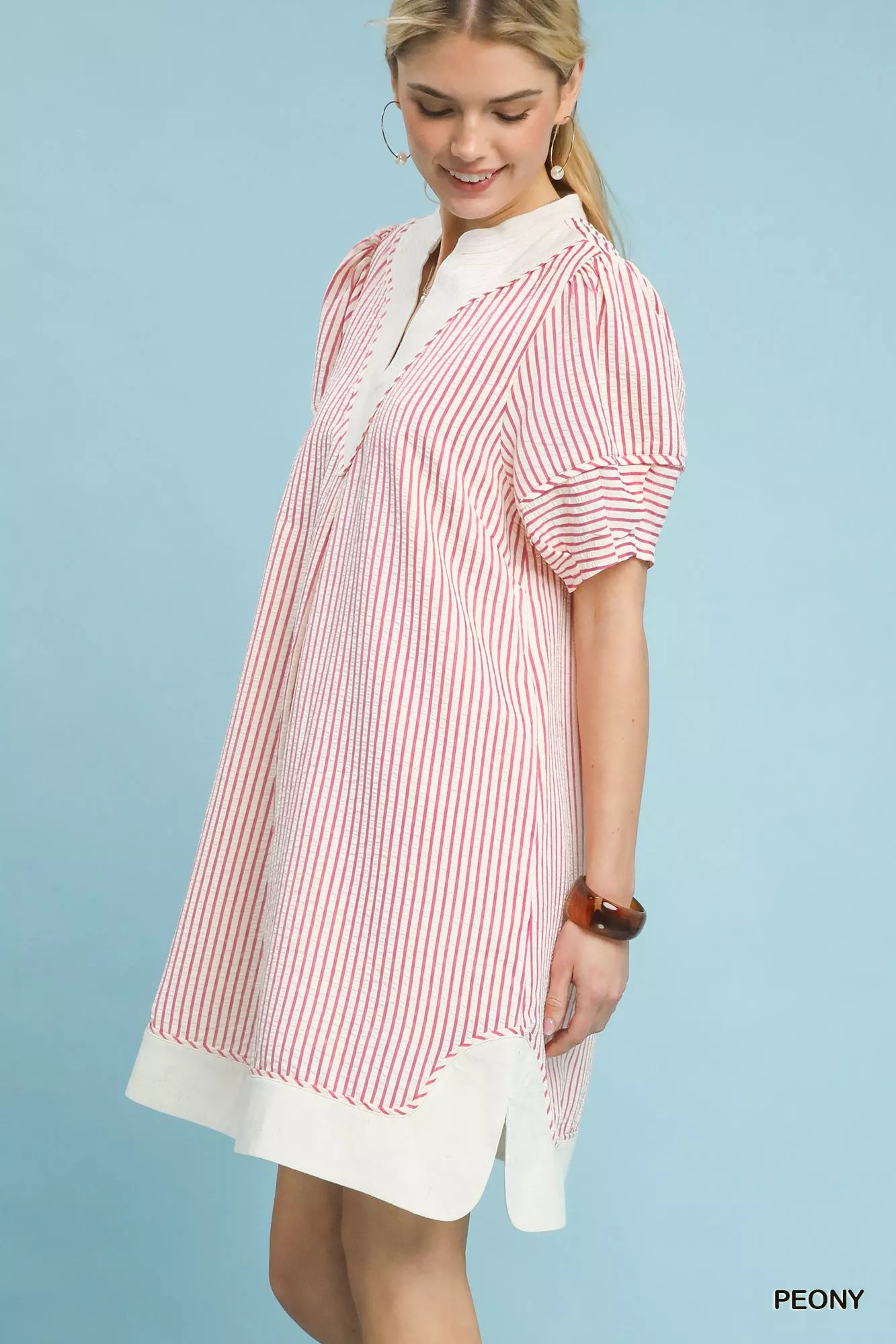 Umgee Pinstripe Shift Dress with Contrast Trim - Image 2