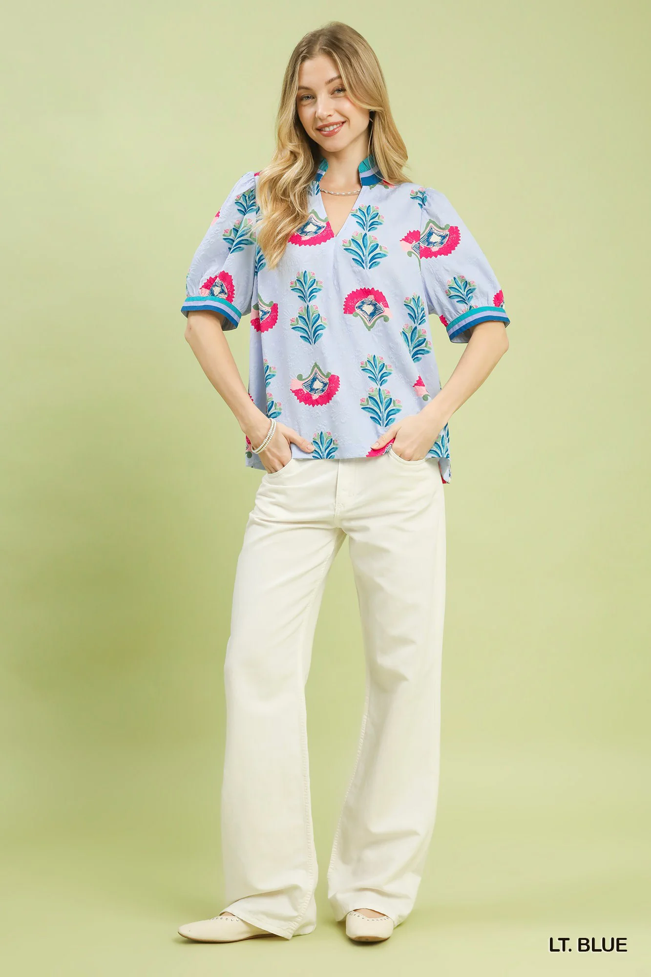 Umgee Print Puff Sleeve Blouse with Contrast Trim