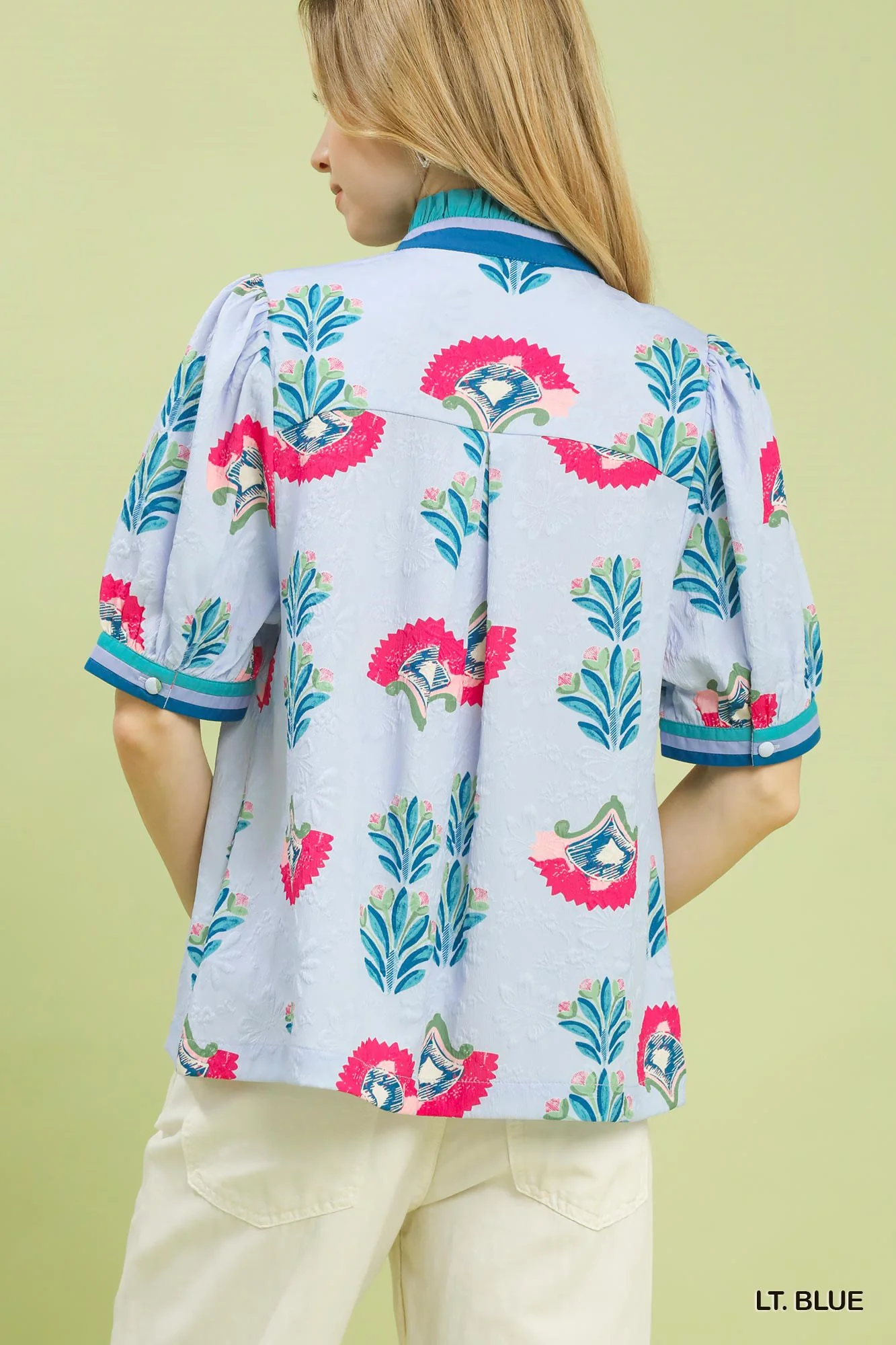 Umgee Print Puff Sleeve Blouse with Contrast Trim - Image 3