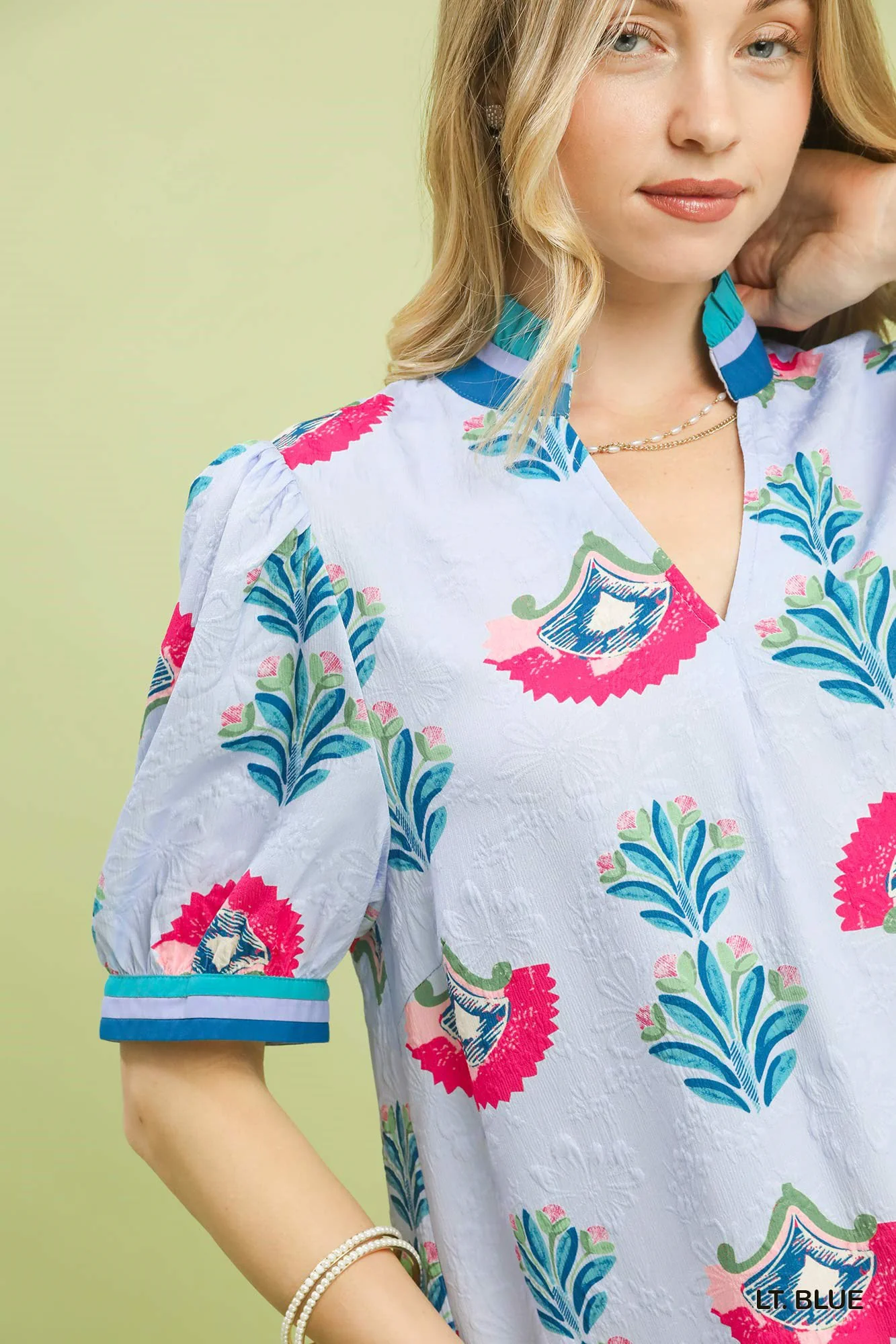 Umgee Print Puff Sleeve Blouse with Contrast Trim - Image 4