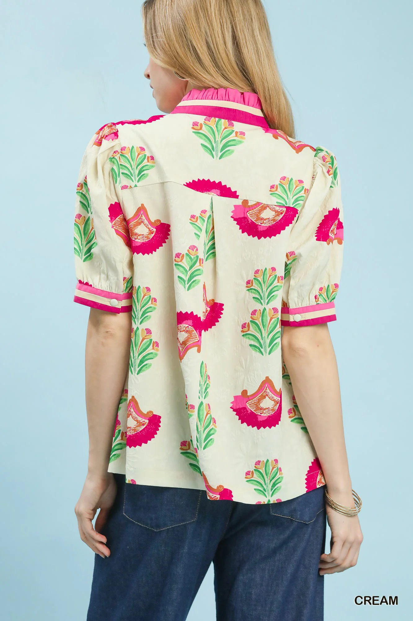 Umgee Print Puff Sleeve Blouse with Contrast Trim - Image 3