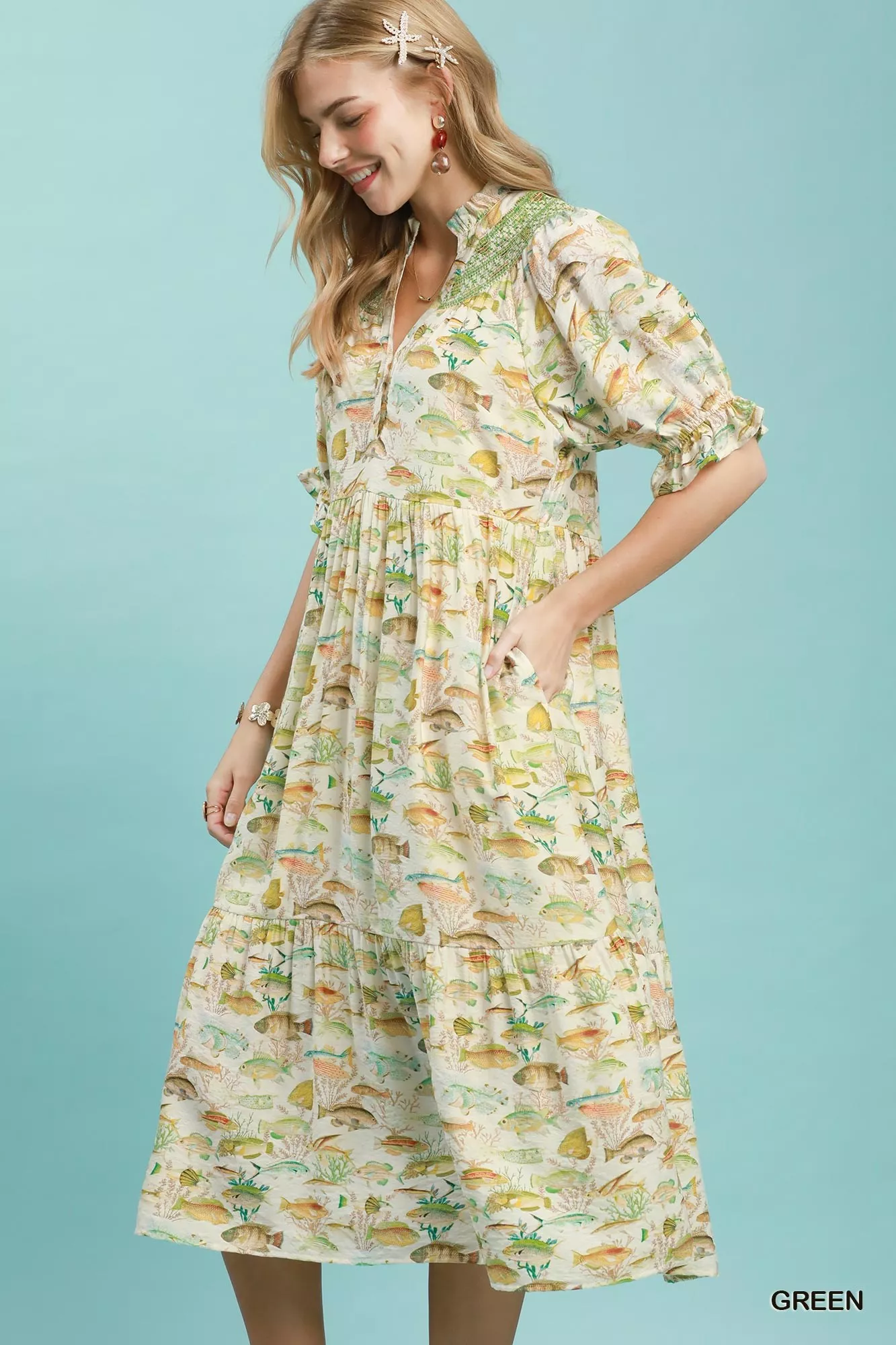 Umgee Print Tiered Midi Dress - Image 2