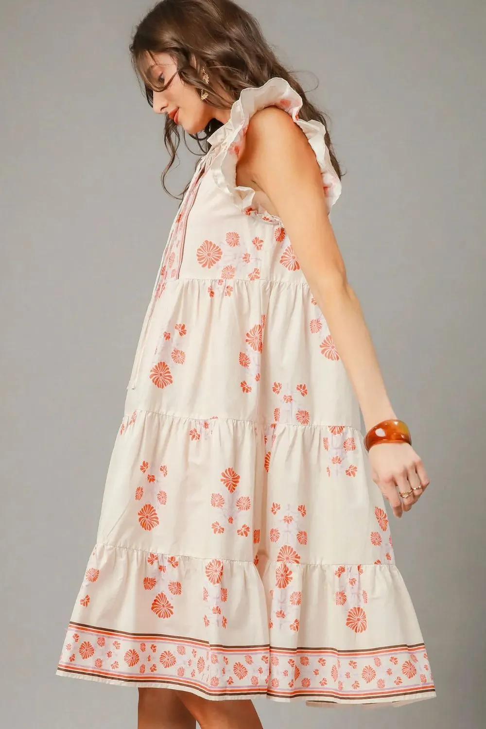 Umgee Printed Tie Neck Ruffle Cap Sleeve Dress - Image 3