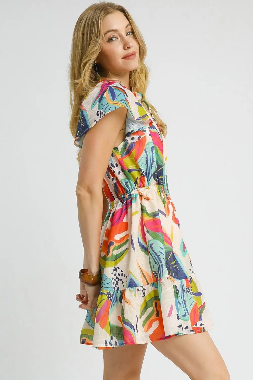 Umgee Printed Tie Neck Ruffled Hem Dress - Image 3