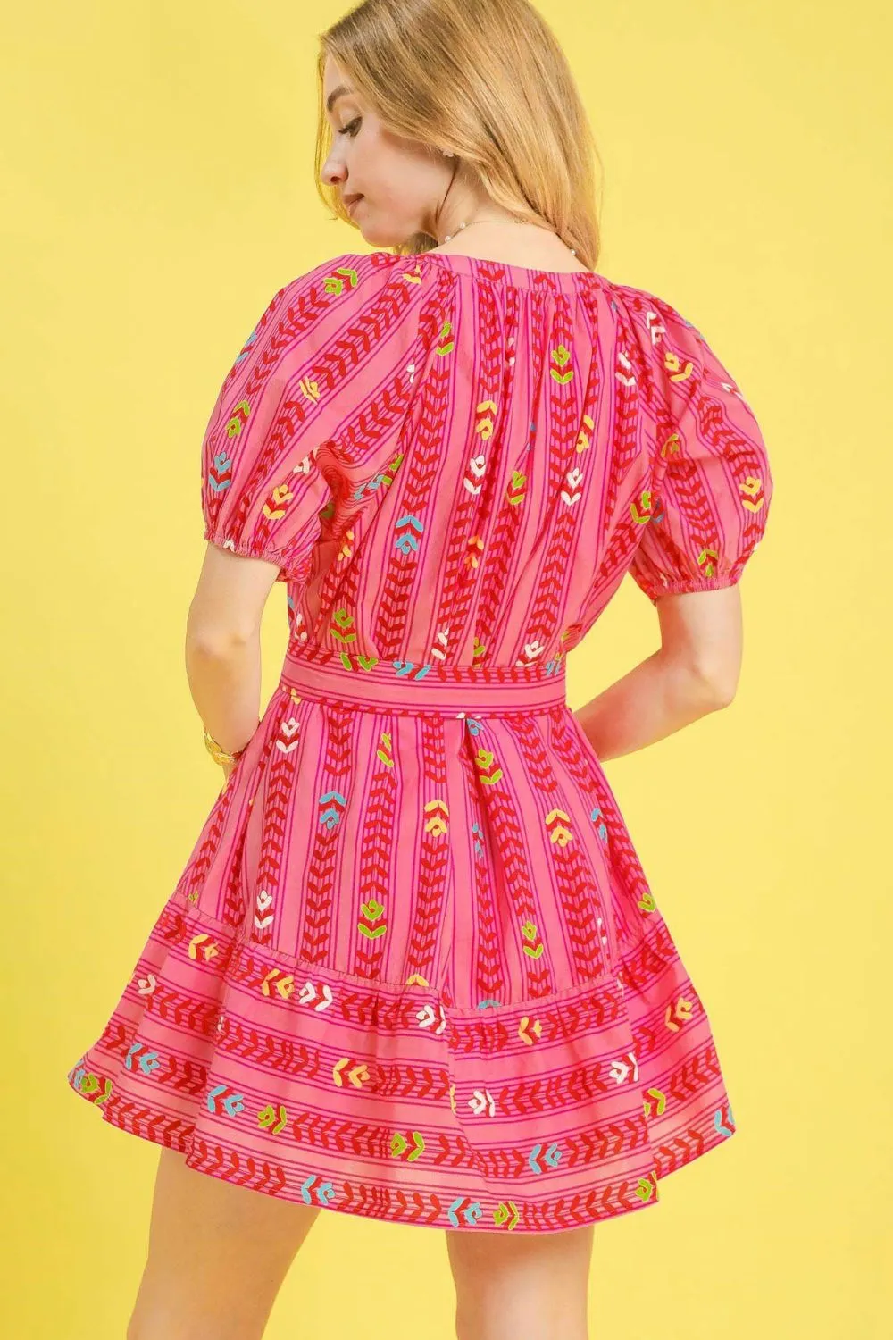 Umgee Printed Tie Waist Puff Short Sleeve Mini Dress - Image 3