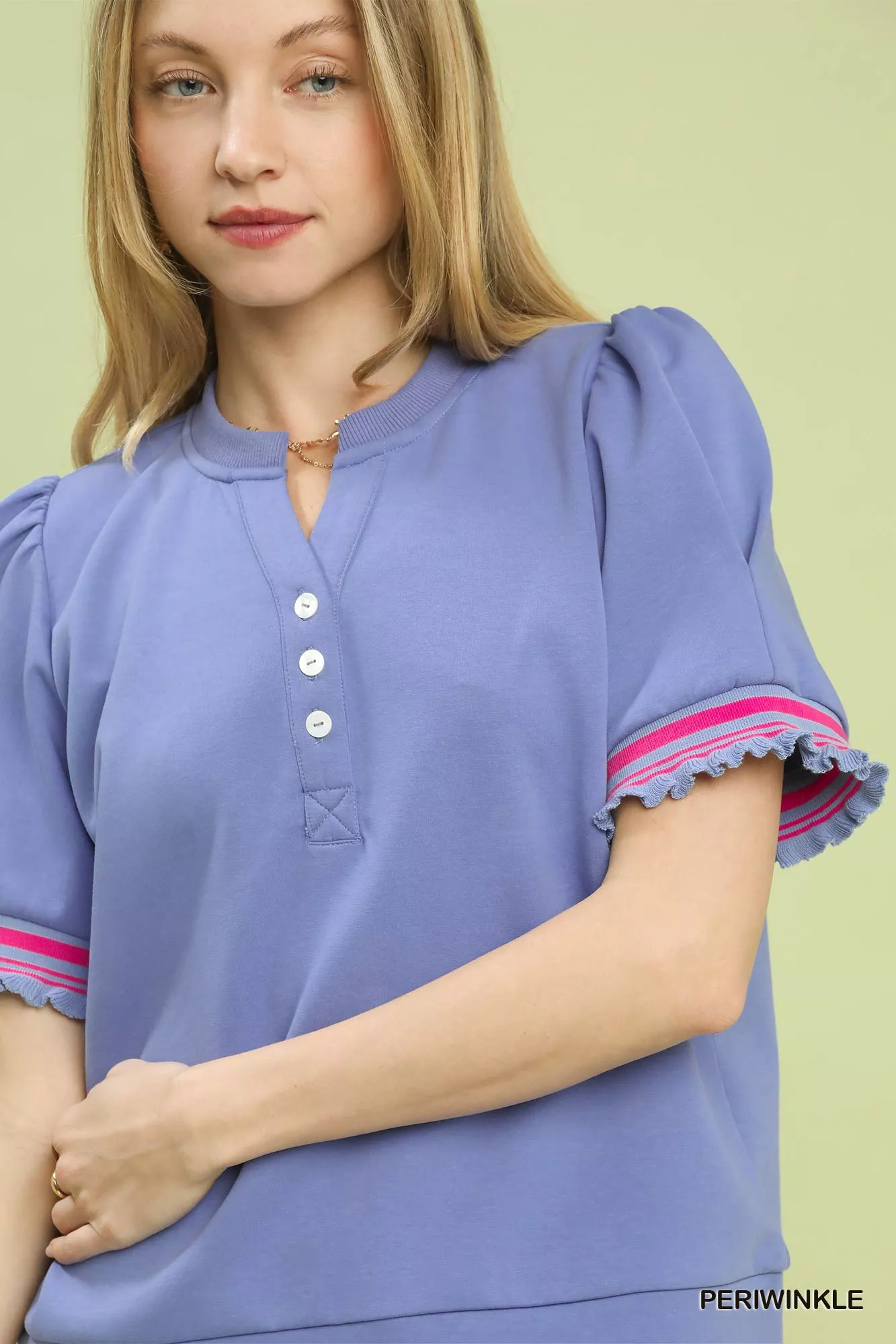 Umgee Puff Sleeve Button Front Top with Contrast Trim - Image 5
