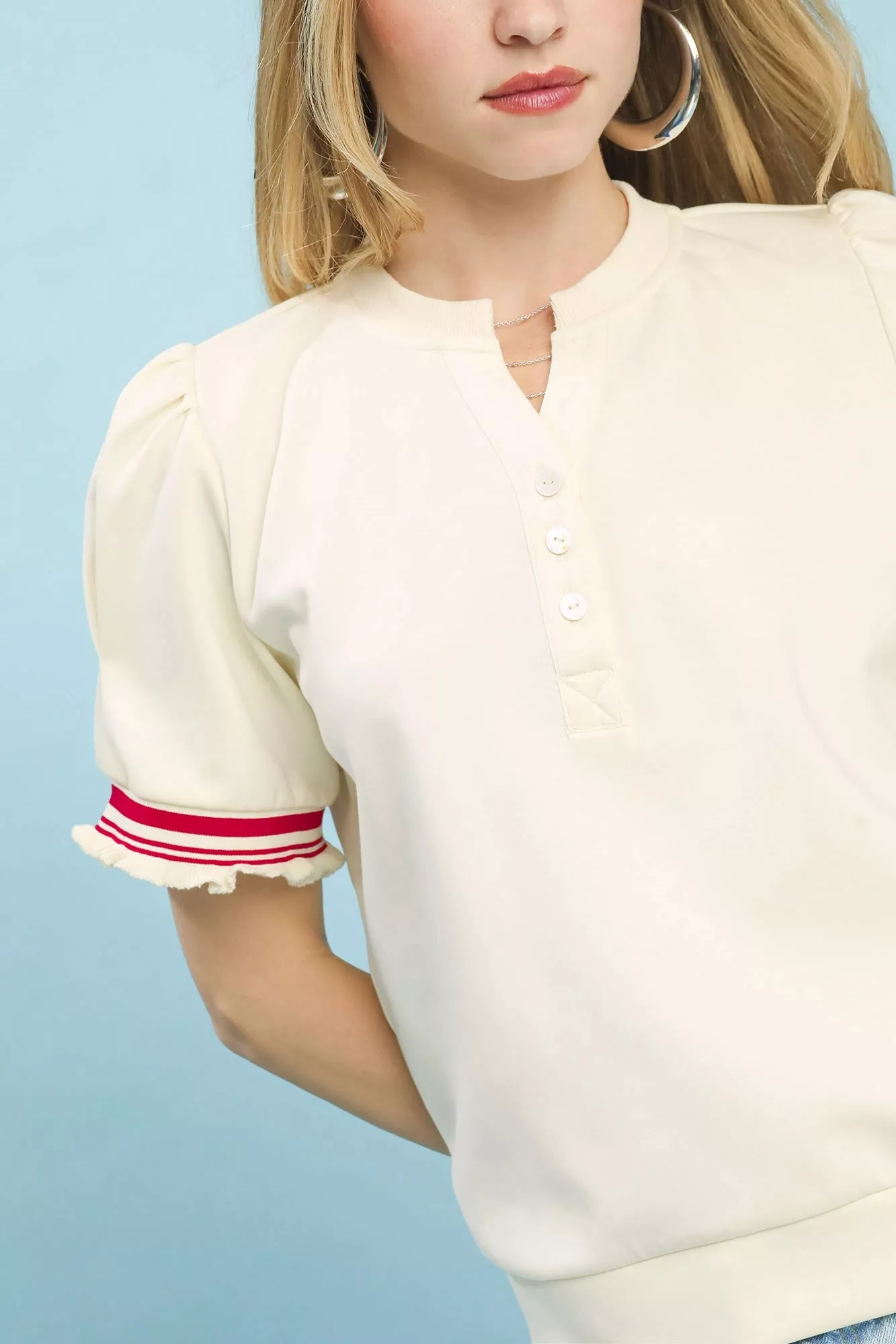Umgee Puff Sleeve Button Front Top with Contrast Trim - Image 5