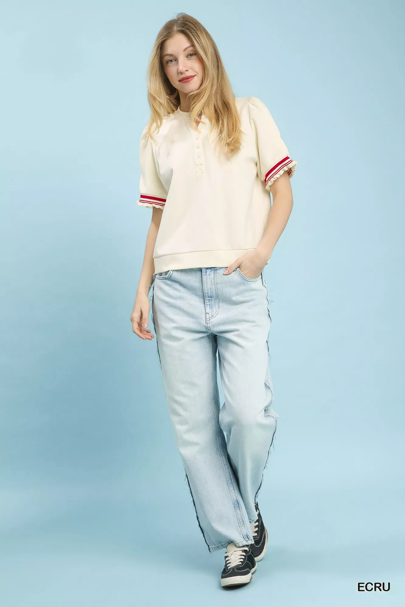 Umgee Puff Sleeve Button Front Top with Contrast Trim - Image 6