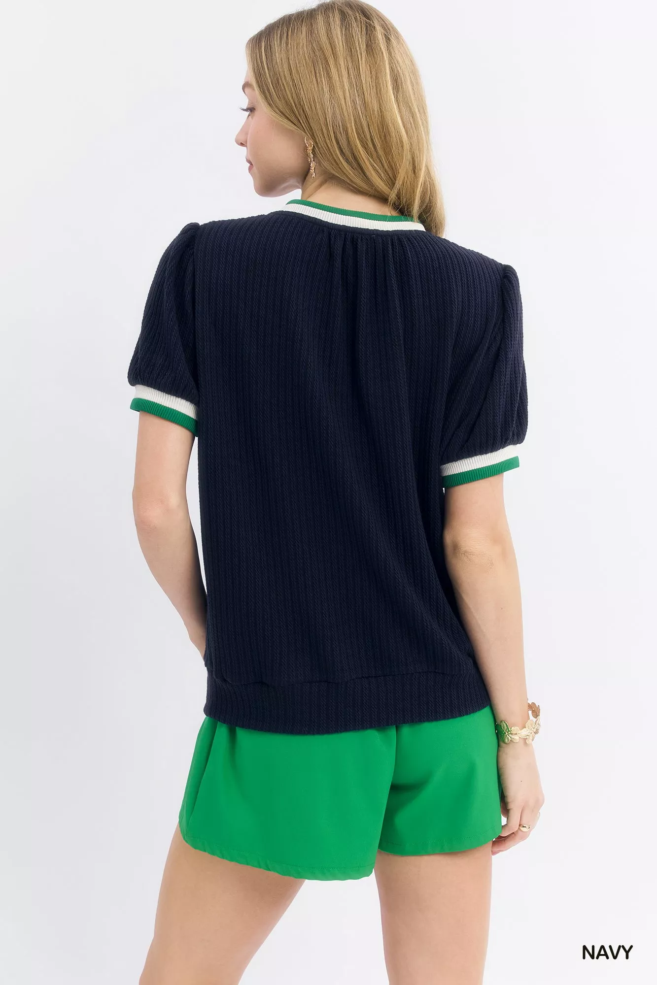 Umgee Puff Sleeve Knit Top with Contrast Rib Trim - Image 3