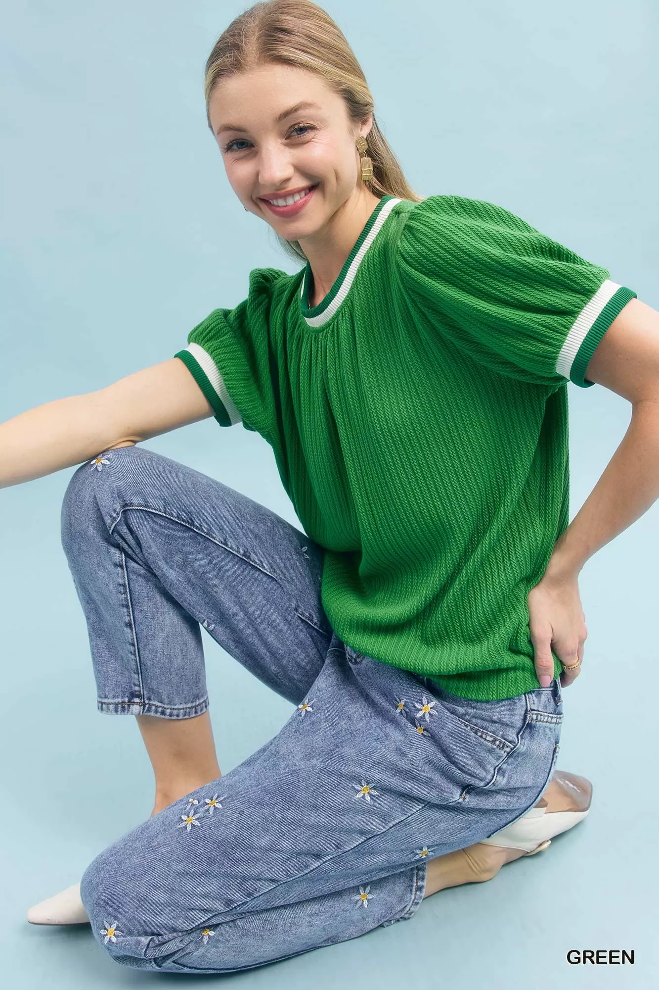 Umgee Puff Sleeve Knit Top with Contrast Rib Trim - Image 3