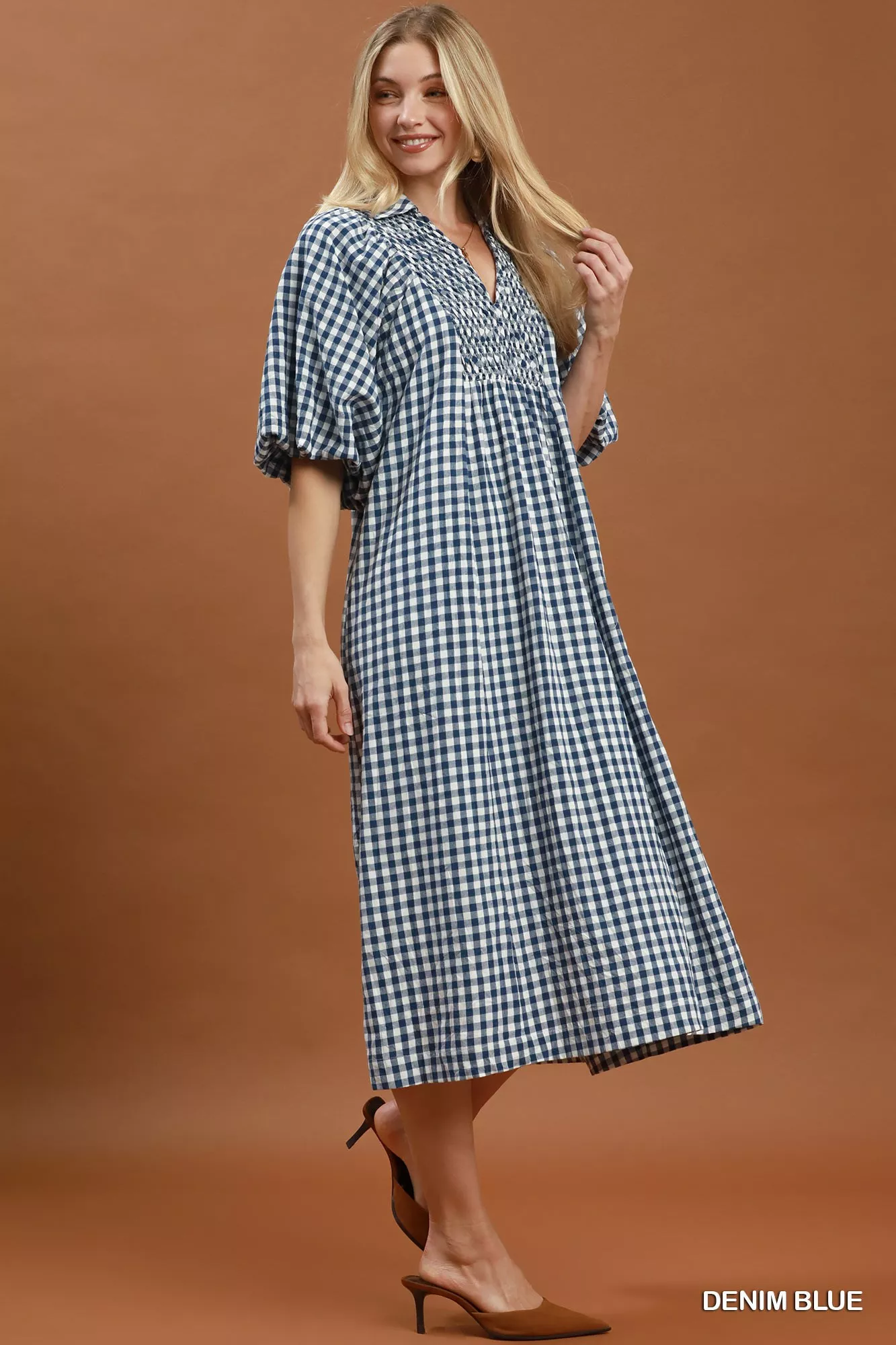 Umgee Puff Sleeve Plaid Midi Dress - Image 2