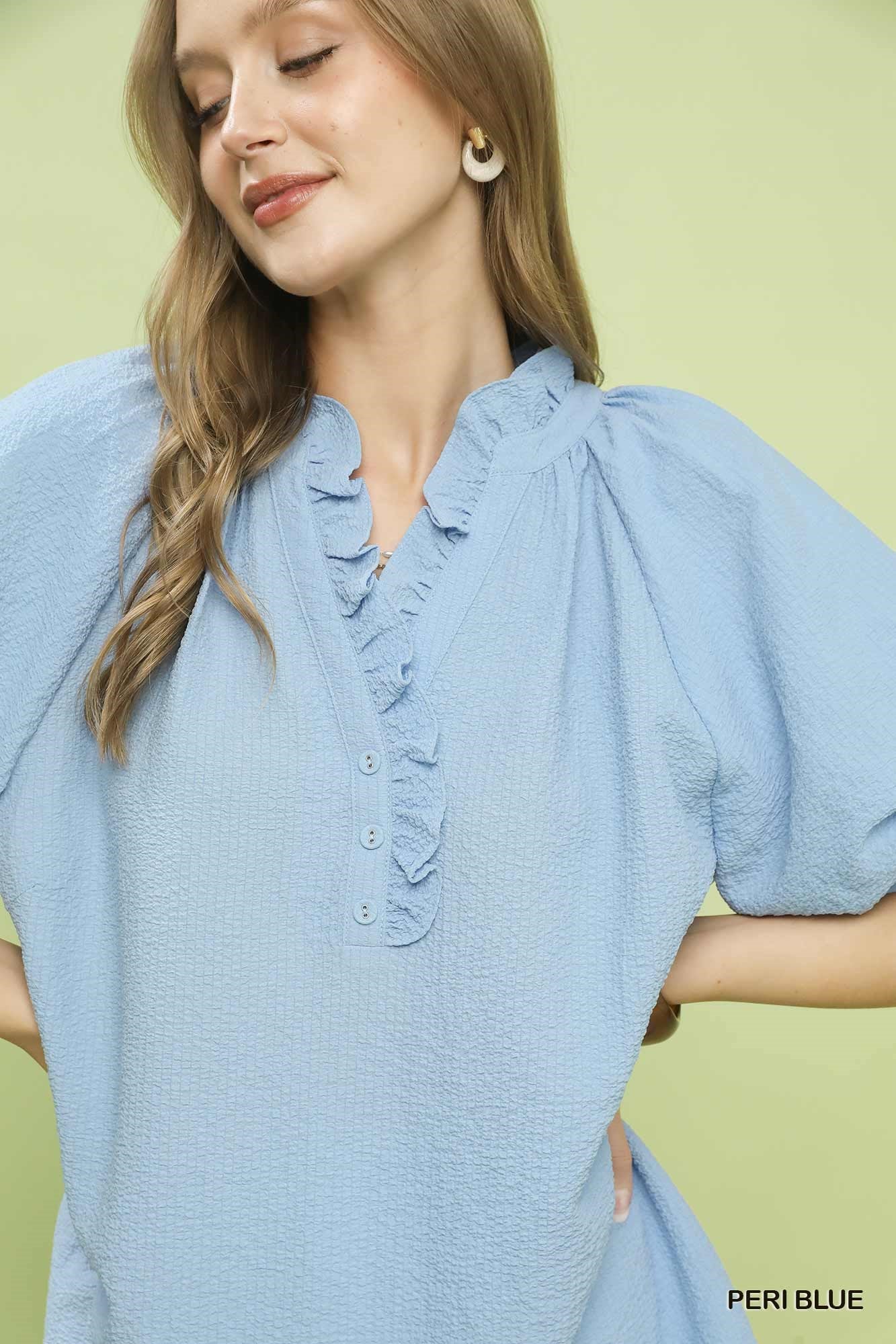 Umgee Puff Sleeve Ruffle Neck Tunic Blouse - Image 4