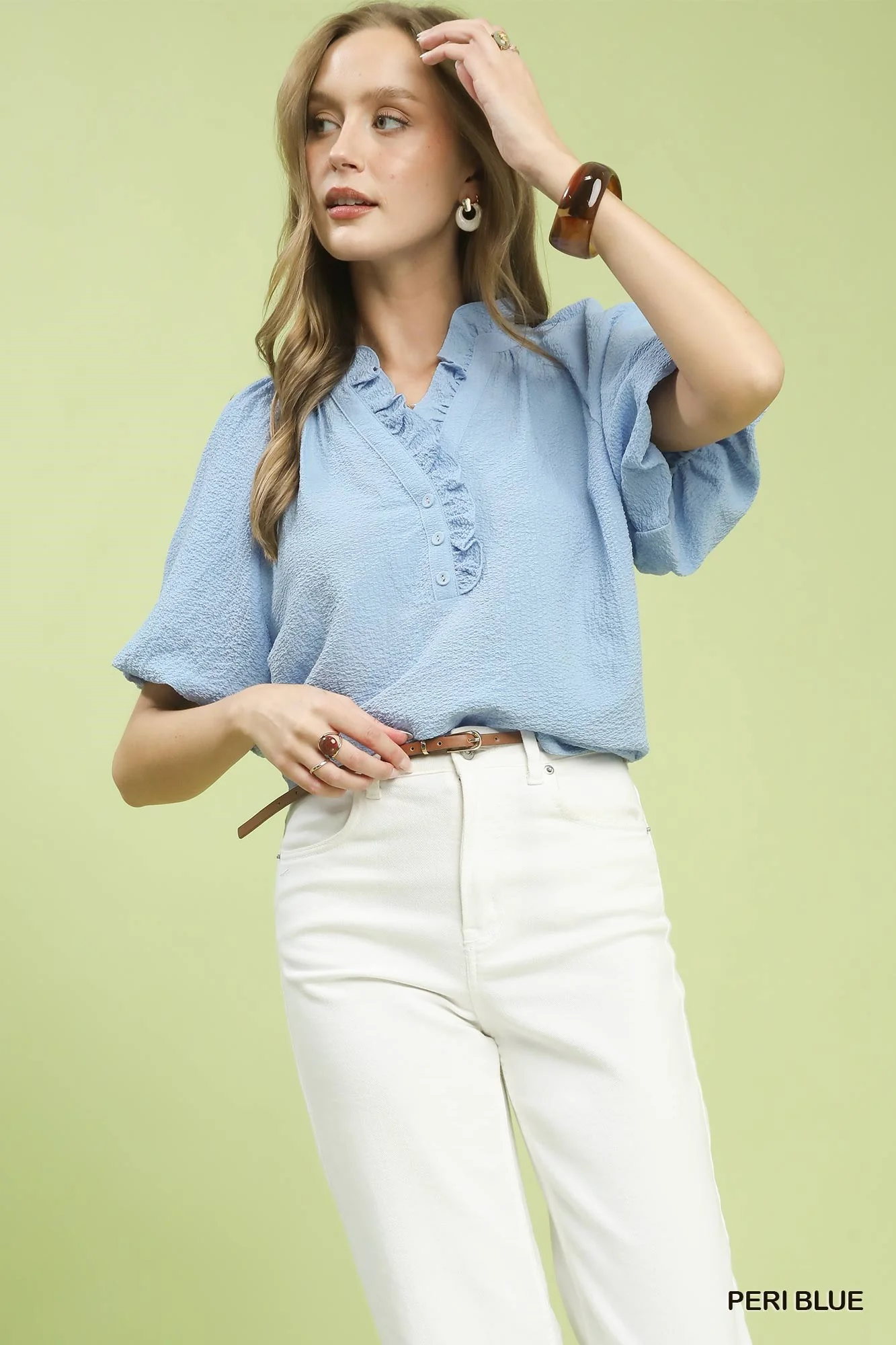 Umgee Puff Sleeve Ruffle Neck Tunic Blouse - Image 5