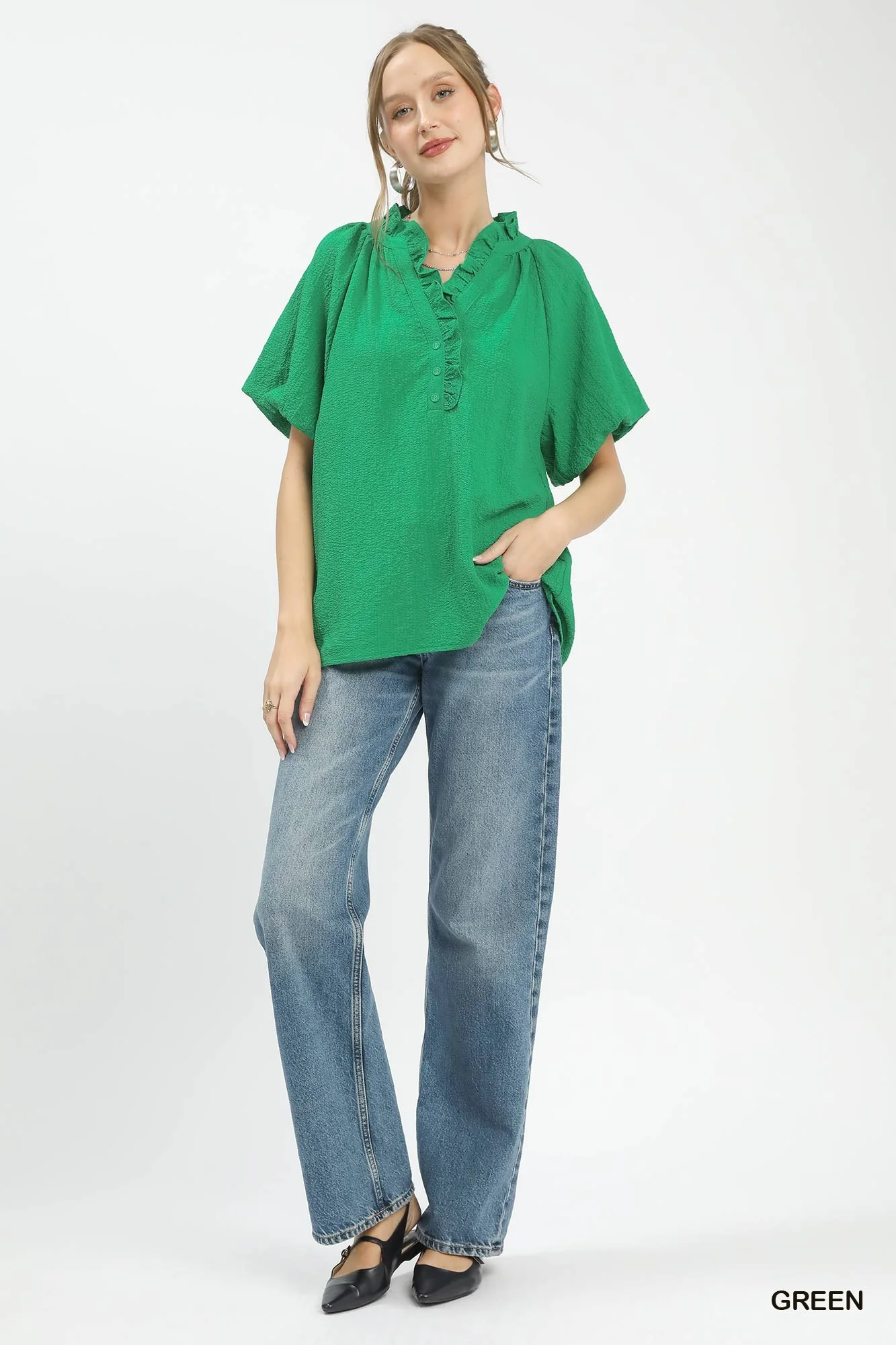 Umgee Puff Sleeve Ruffle Neck Tunic Blouse - Image 5