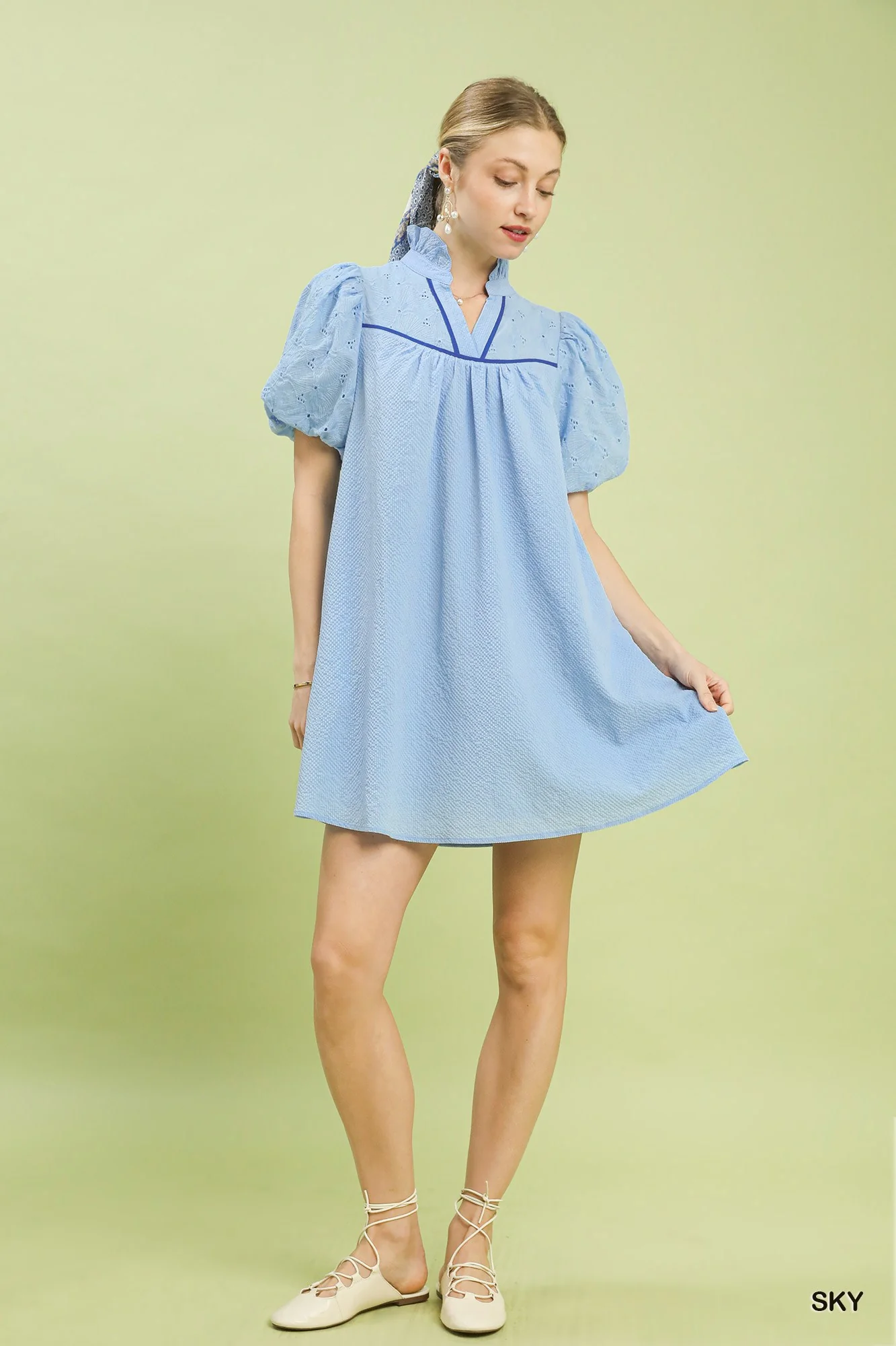 Umgee Puff Sleeve Textured Babydoll Dress - Image 5