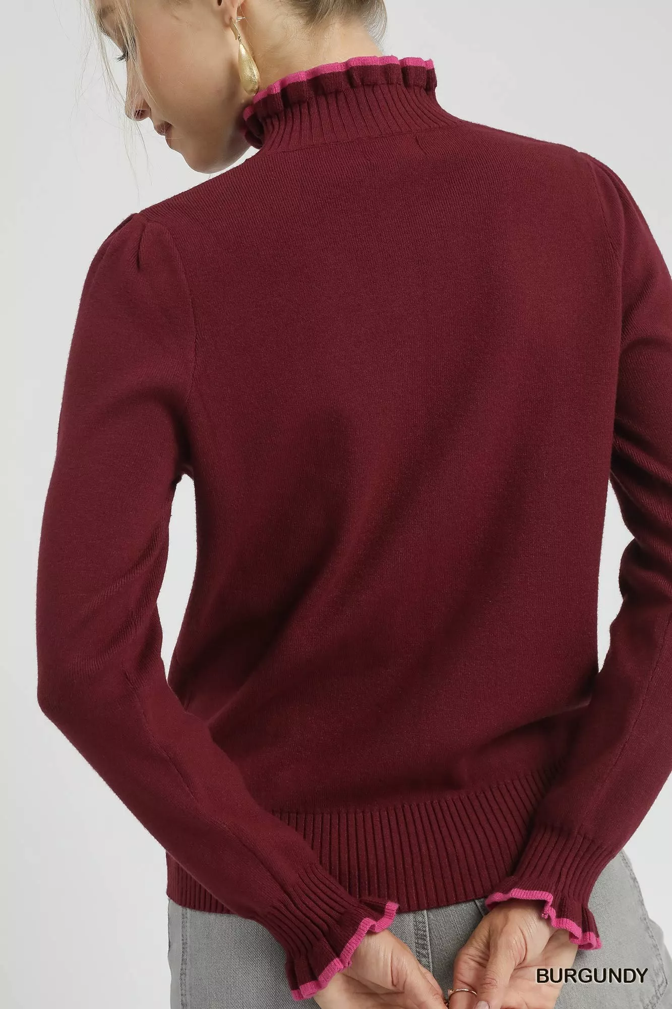 Umgee Ribbed Round Neck Sweater with Ruffle Contrast Trim - Image 6