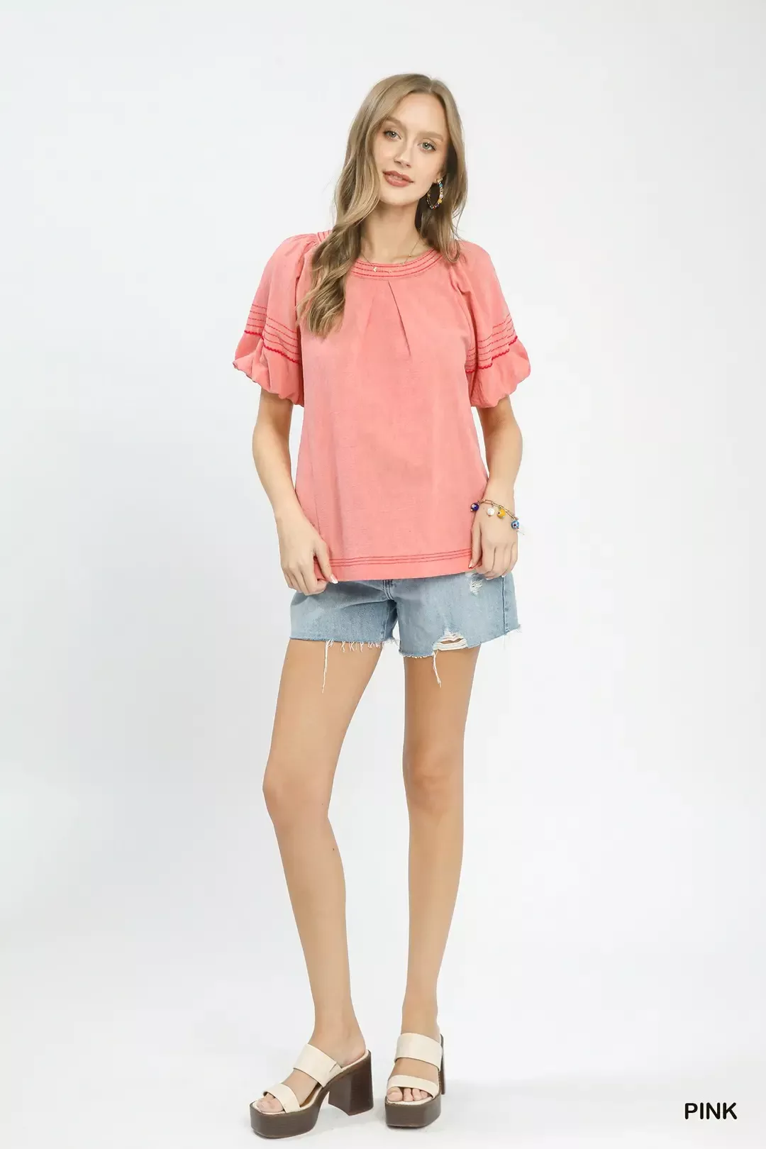 Umgee Round Neck Puff Sleeve Top with Contrast Stitch Detail - Image 5