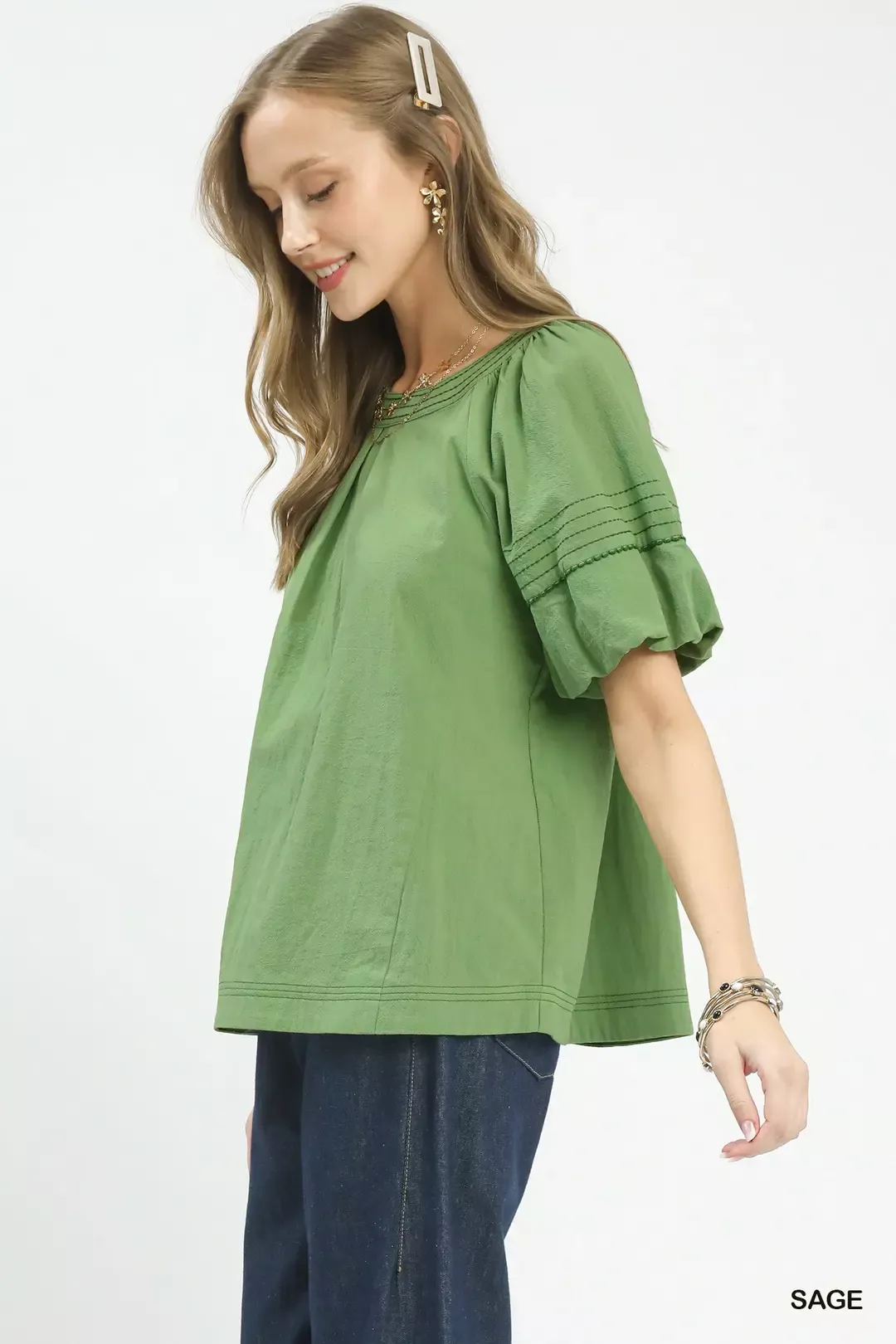 Umgee Round Neck Puff Sleeve Top with Contrast Stitch Detail - Image 2