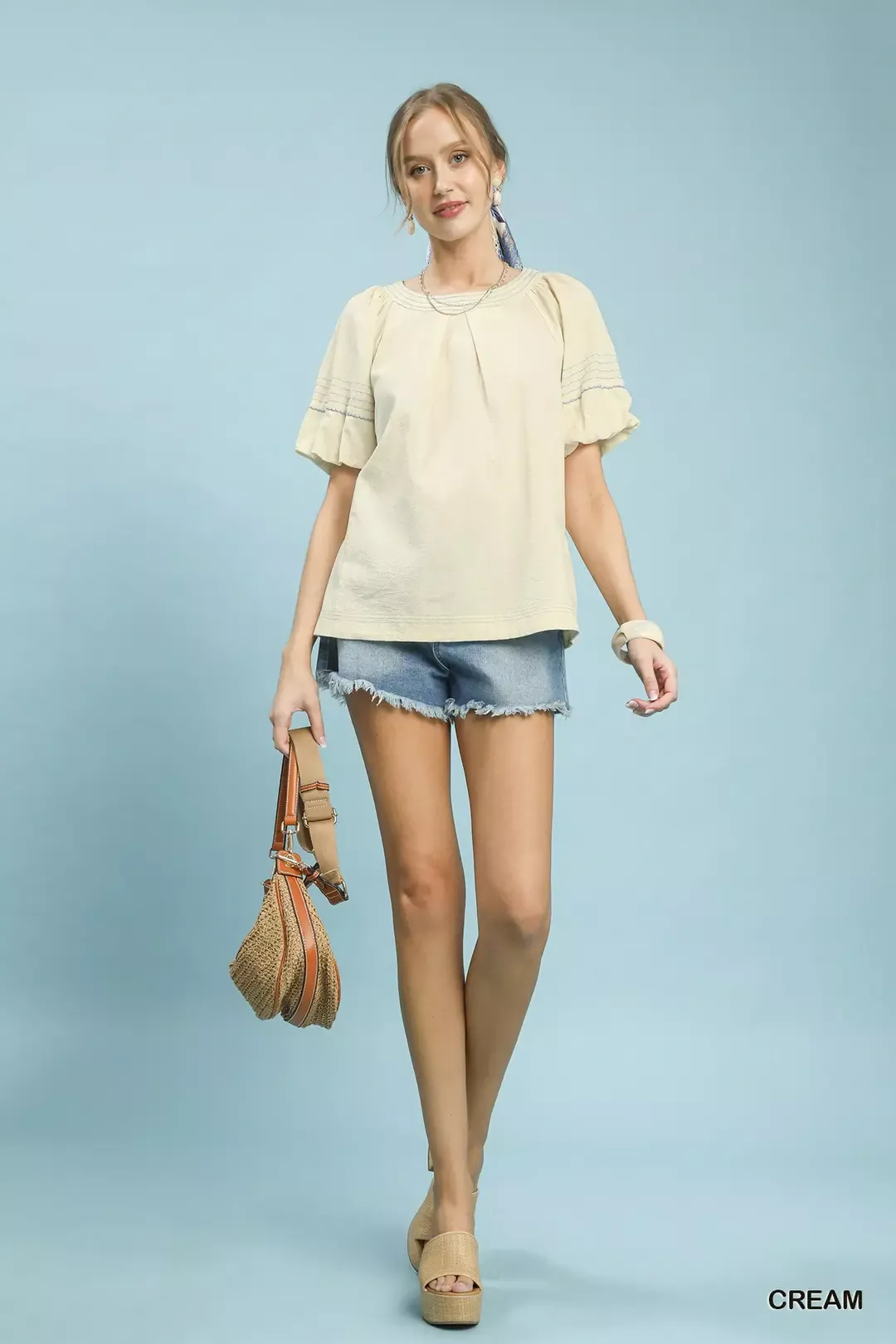 Umgee Round Neck Puff Sleeve Top with Contrast Stitch Detail - Image 5