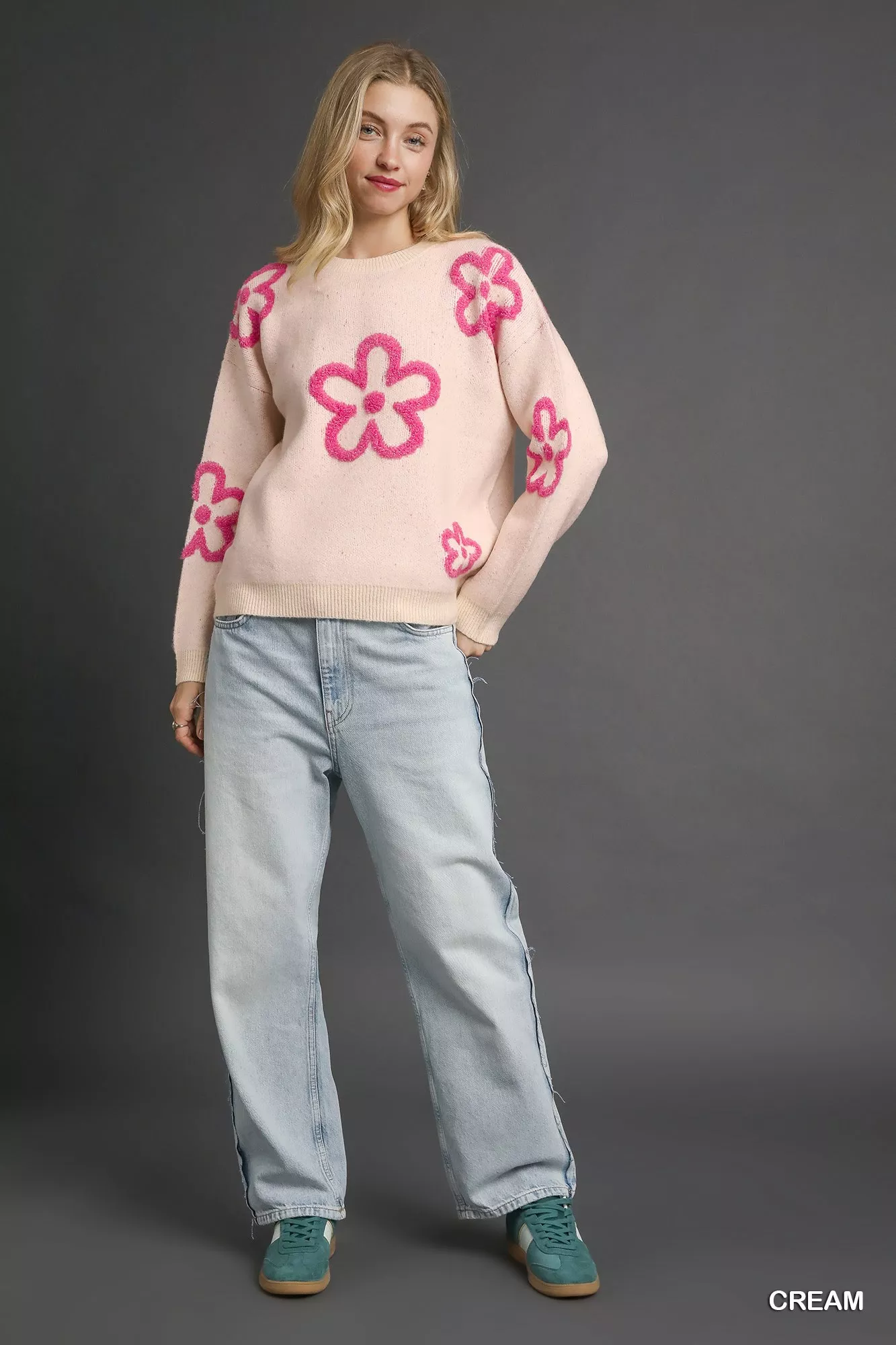 Umgee Round Neck Sweater with Pink Floral Accents - Image 4