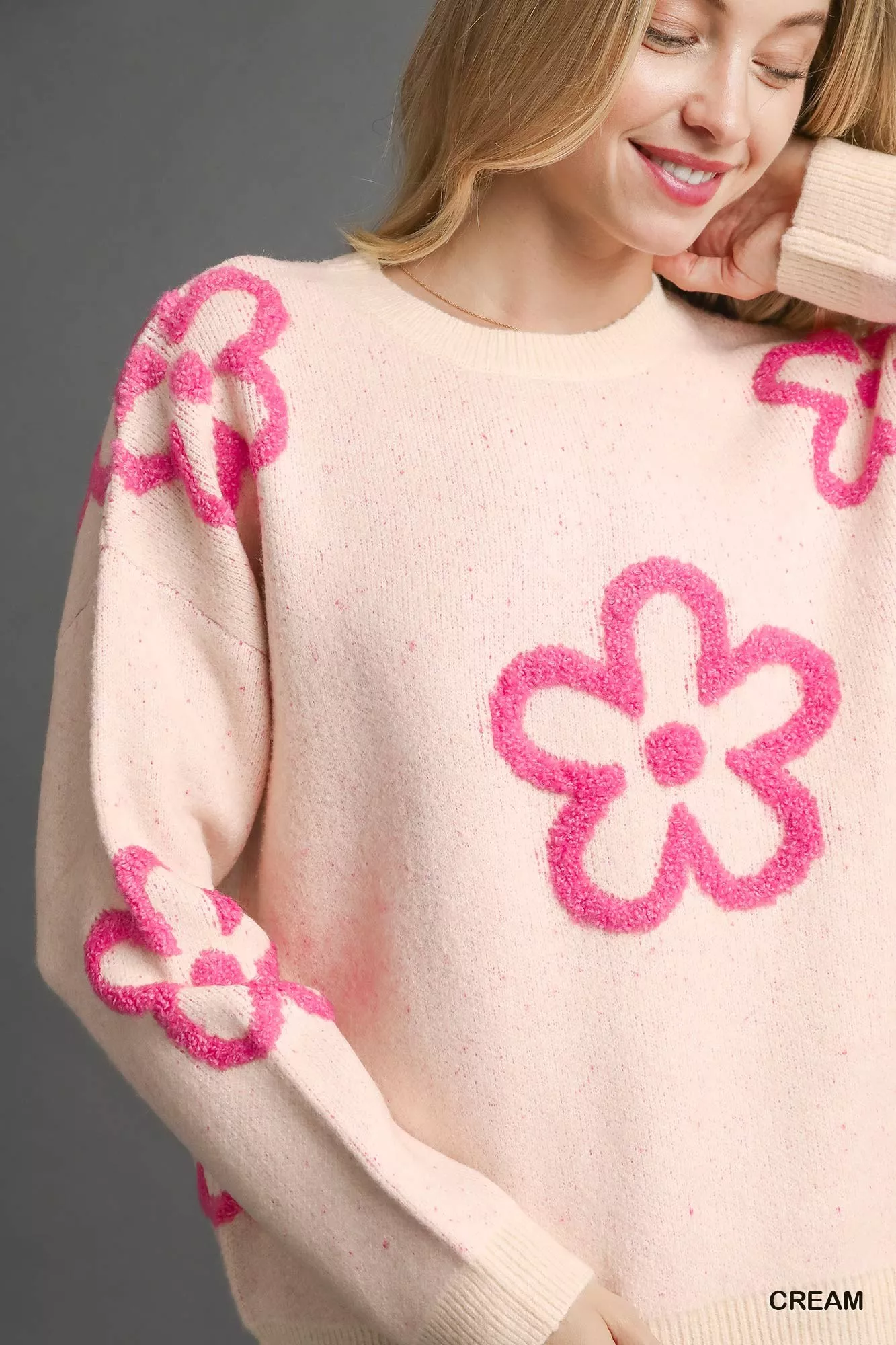 Umgee Round Neck Sweater with Pink Floral Accents - Image 5
