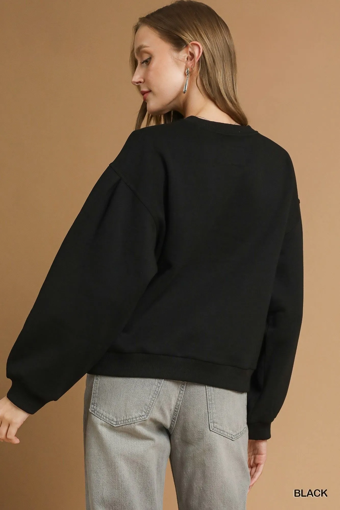 Umgee Round Neck Sweatshirt with Pleated Detail - Image 2