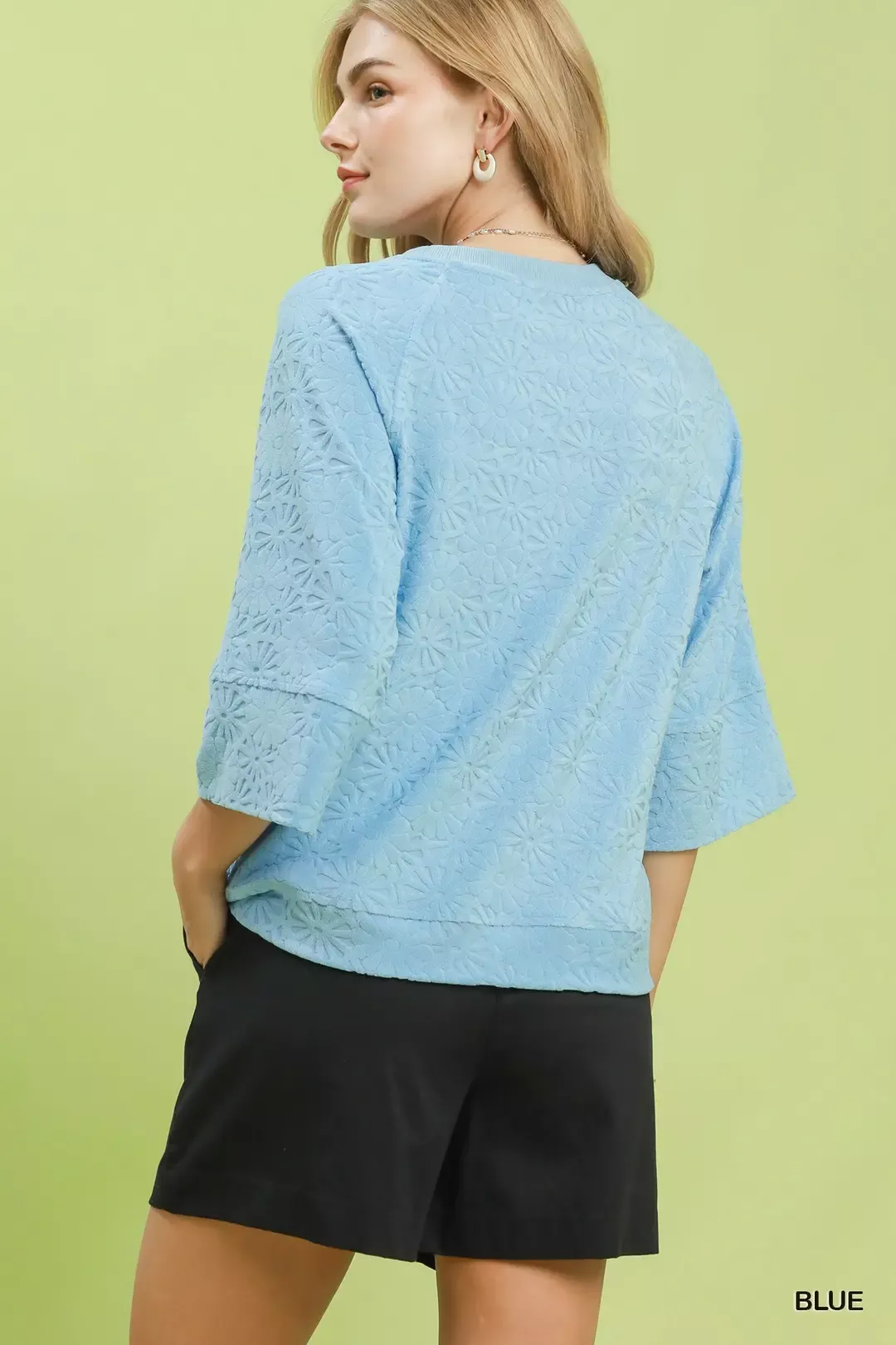 Umgee Round Neck Textured Floral Terry Blouse - Image 3