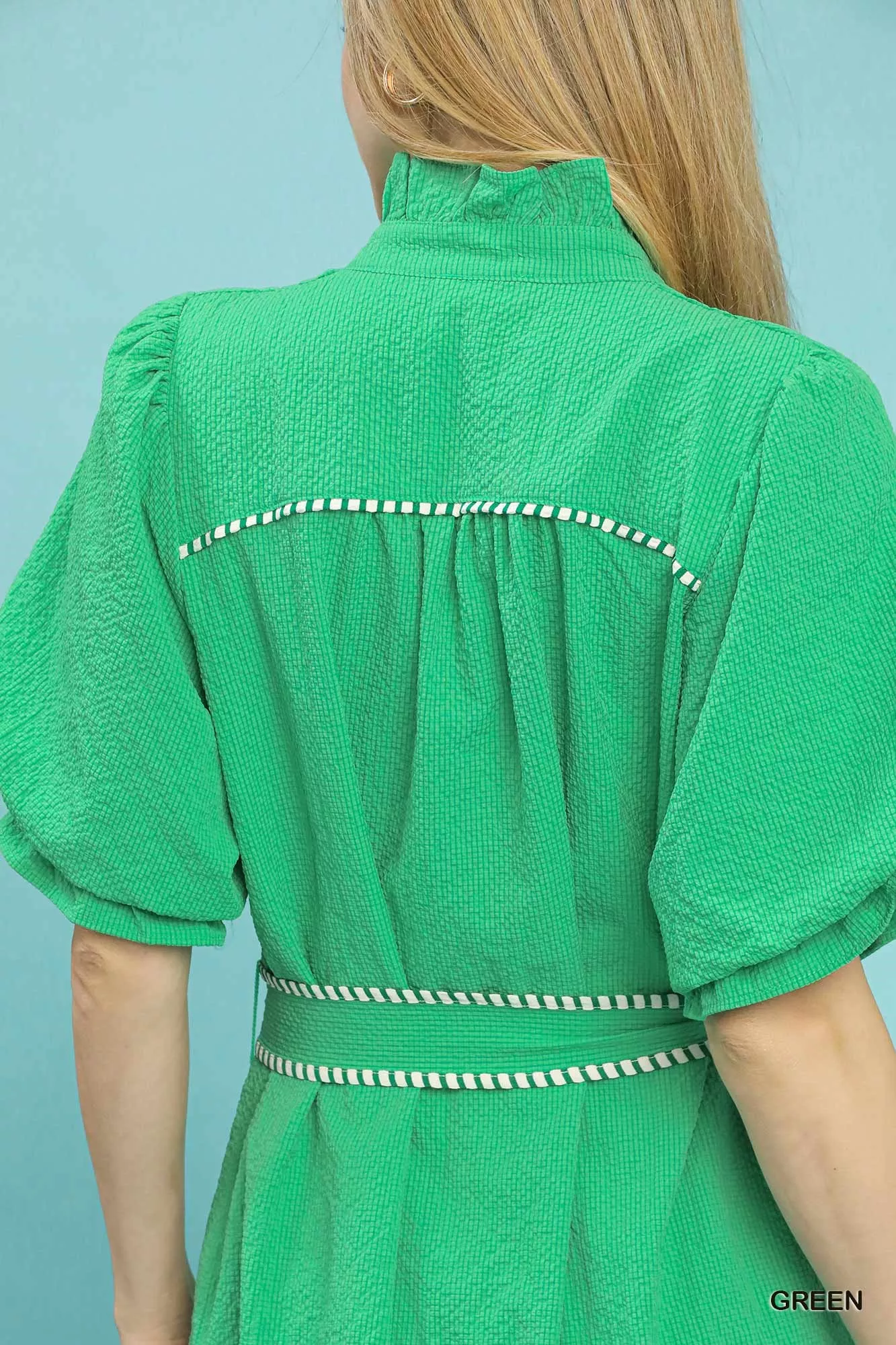 Umgee Ruffle Collar Midi Dress with Stripe Trim - Image 5