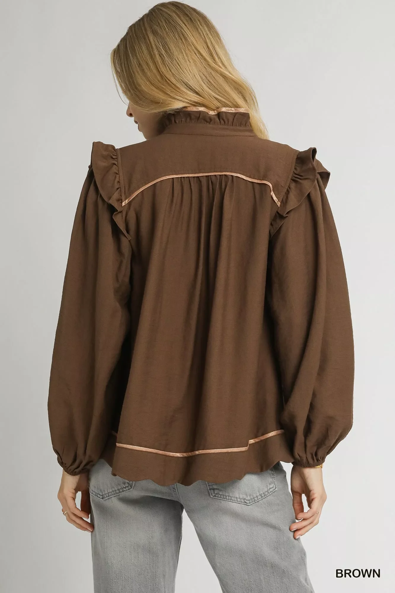 Umgee Ruffle Shoulder Long Sleeve Blouse - Image 3