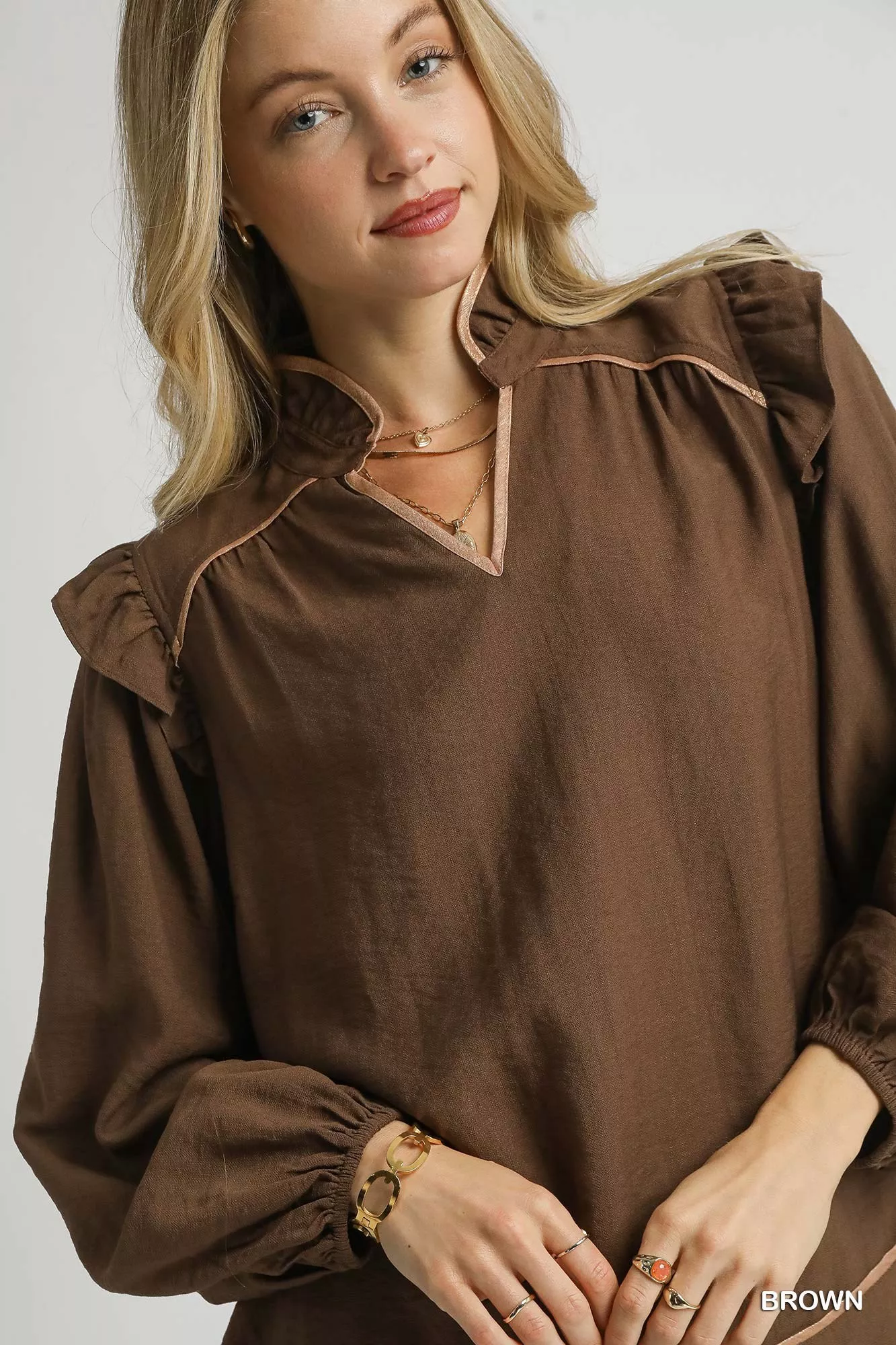 Umgee Ruffle Shoulder Long Sleeve Blouse - Image 5