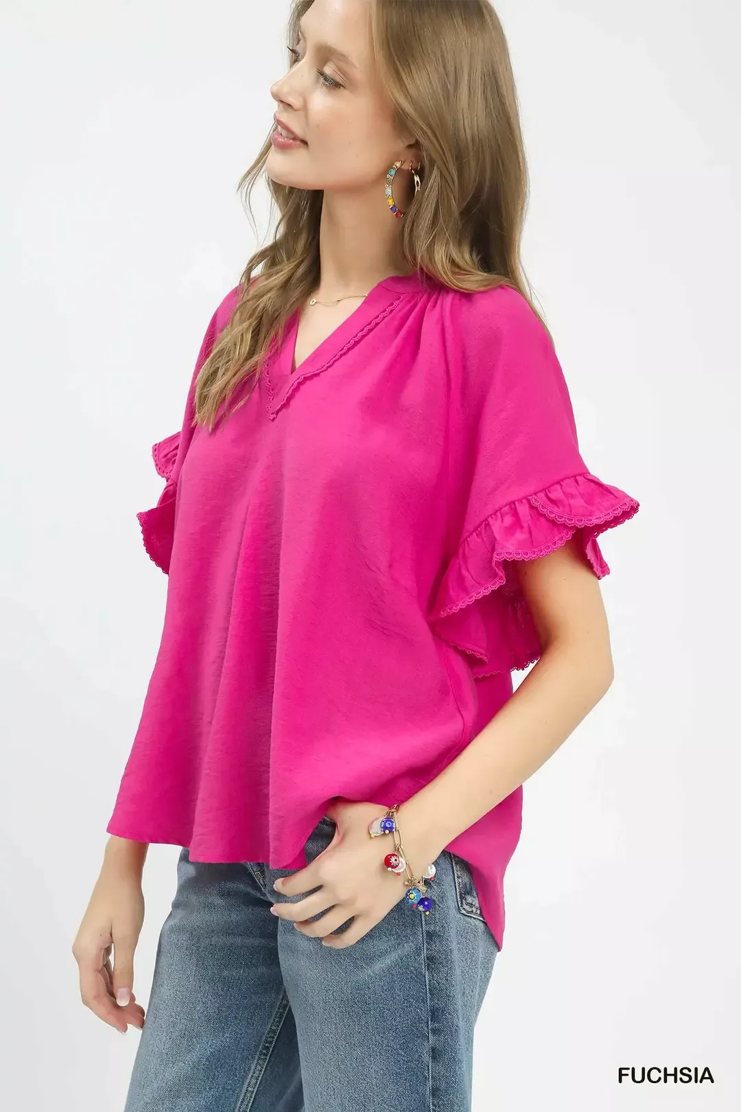 Umgee Ruffle Sleeve V-Neck Flutter Blouse - Image 2
