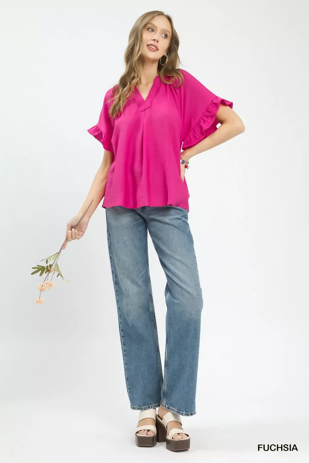 Umgee Ruffle Sleeve V-Neck Flutter Blouse - Image 5