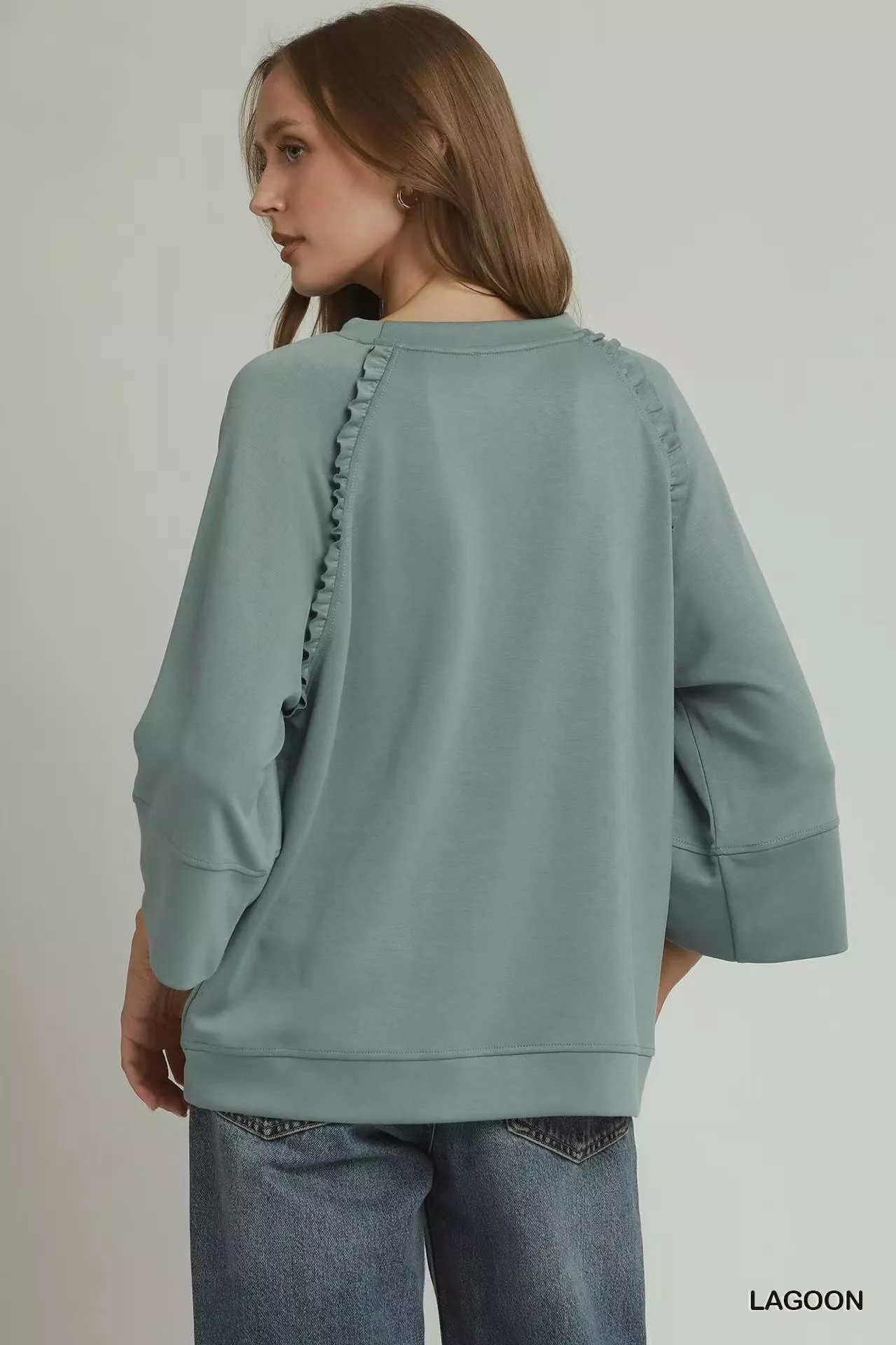 Umgee Ruffle Trim 3/4 Raglan Sleeve Top - Image 3