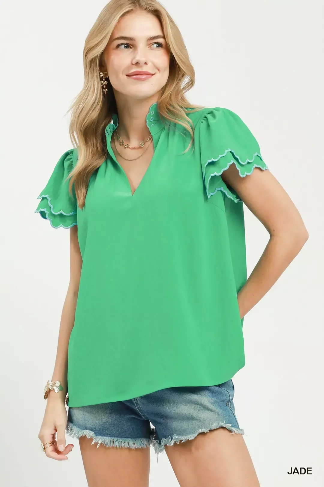 Umgee Scalloped Ruffle Sleeve Top